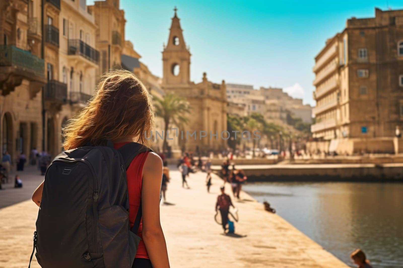 Young female tourist backpacker travelling aroung the world. Travel Destination - St. Julians, Malta