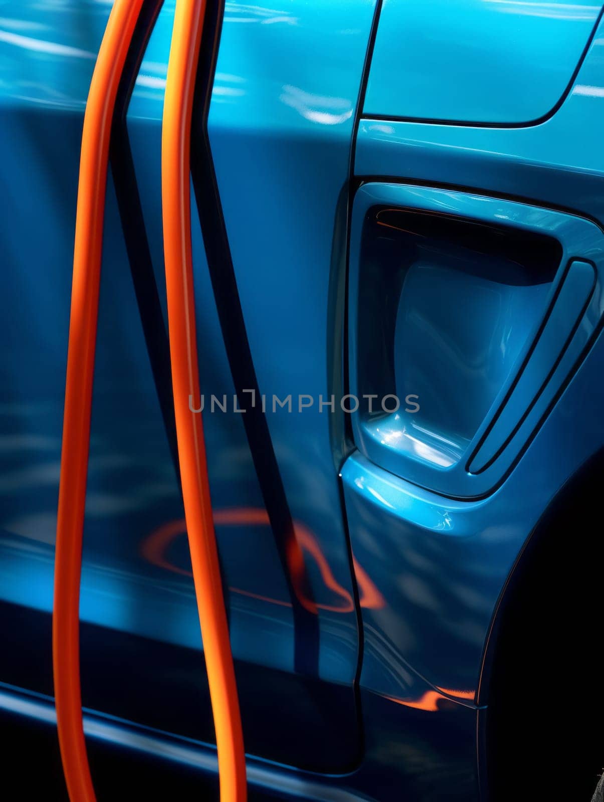 A charging cable connected to the car. Closeup Abstract Photograph.