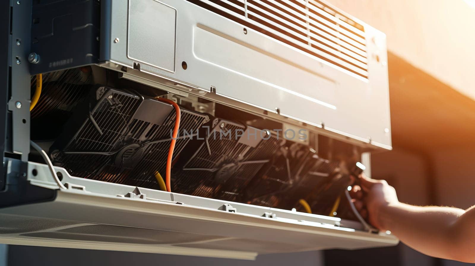 Electrician repairing air conditioner indoors