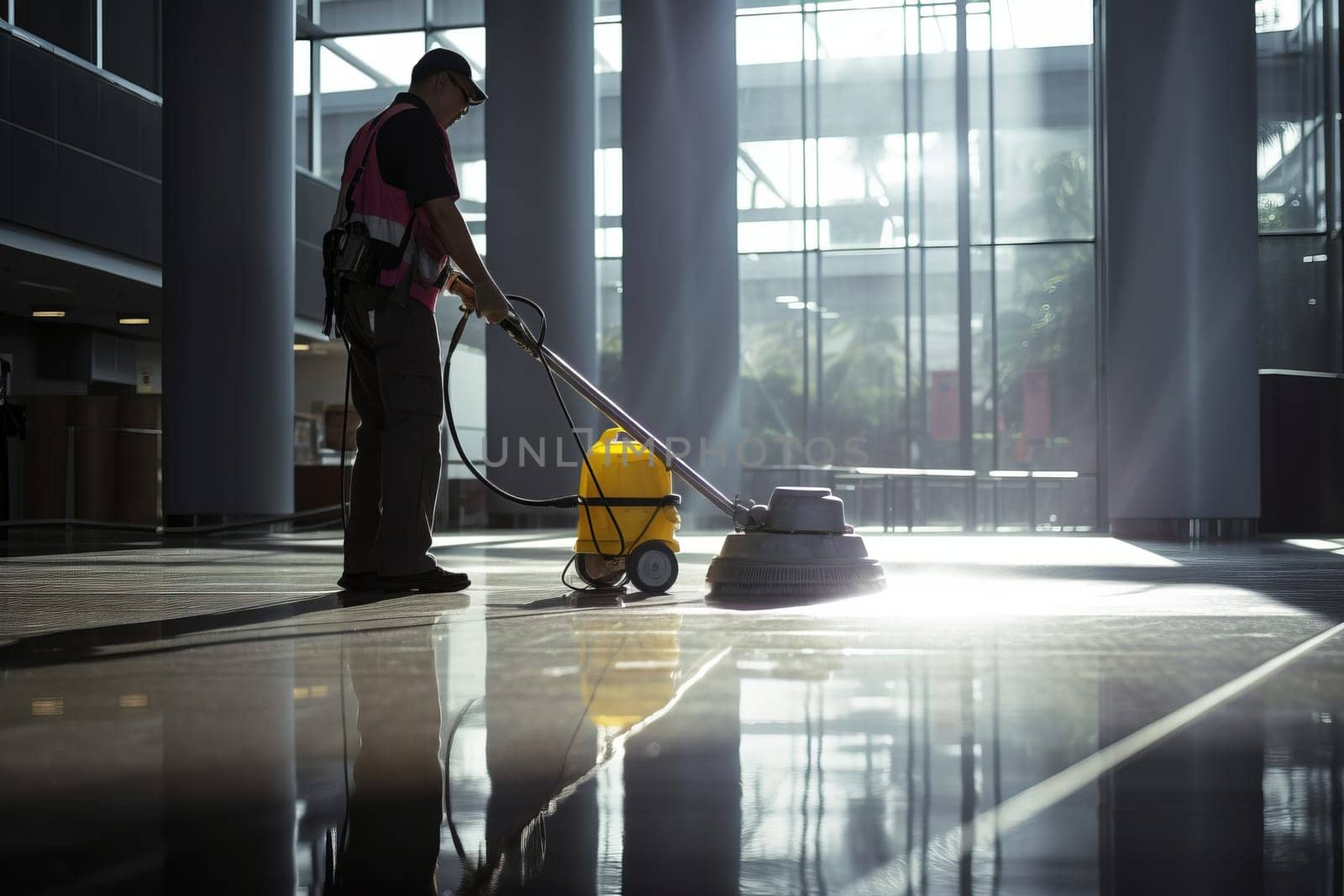 Cleaning staff at airport terminal hall.