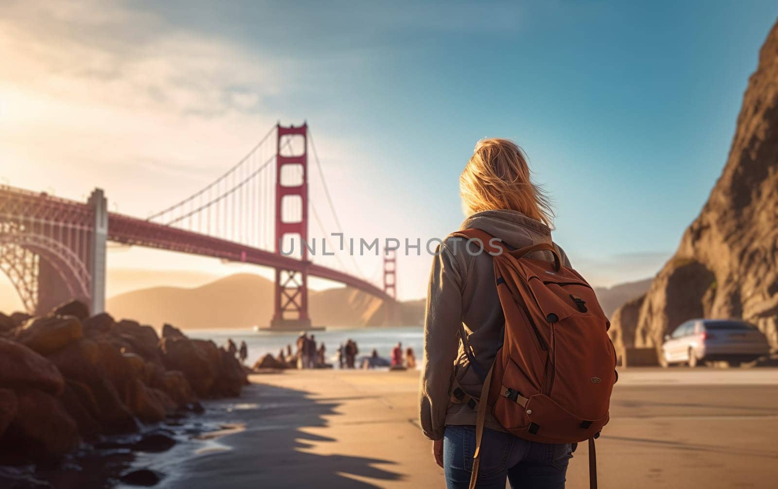 Young female tourist backpacker travelling aroung the world. Travel Destination - San Francisco, California, USA