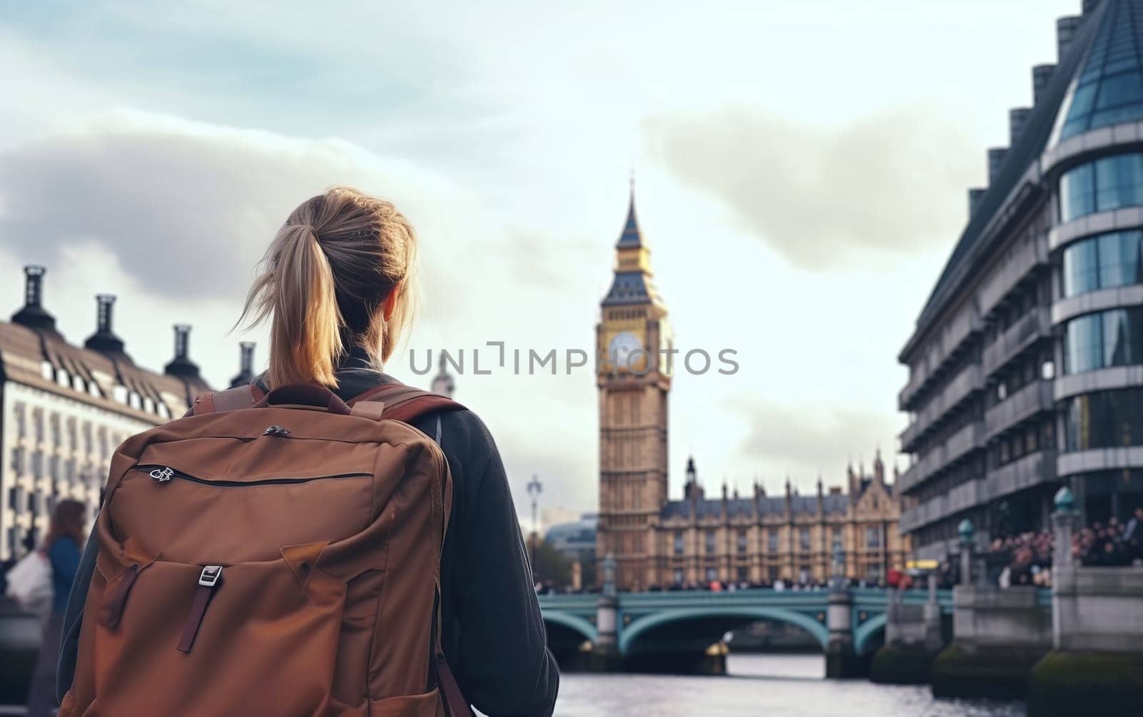 Young female tourist backpacker travelling aroung the world. Travel Destination - London, Great Britain