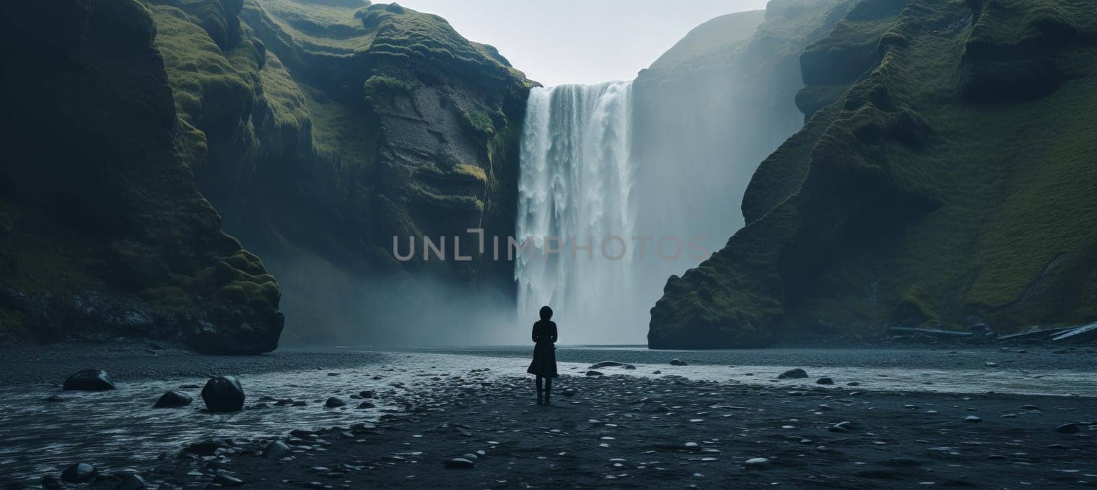 A woman explores new, magical, and fantastic places around the world, surrounded by nature and spreading her arms to breathe and relax. Female hiker crossing the forest creek.