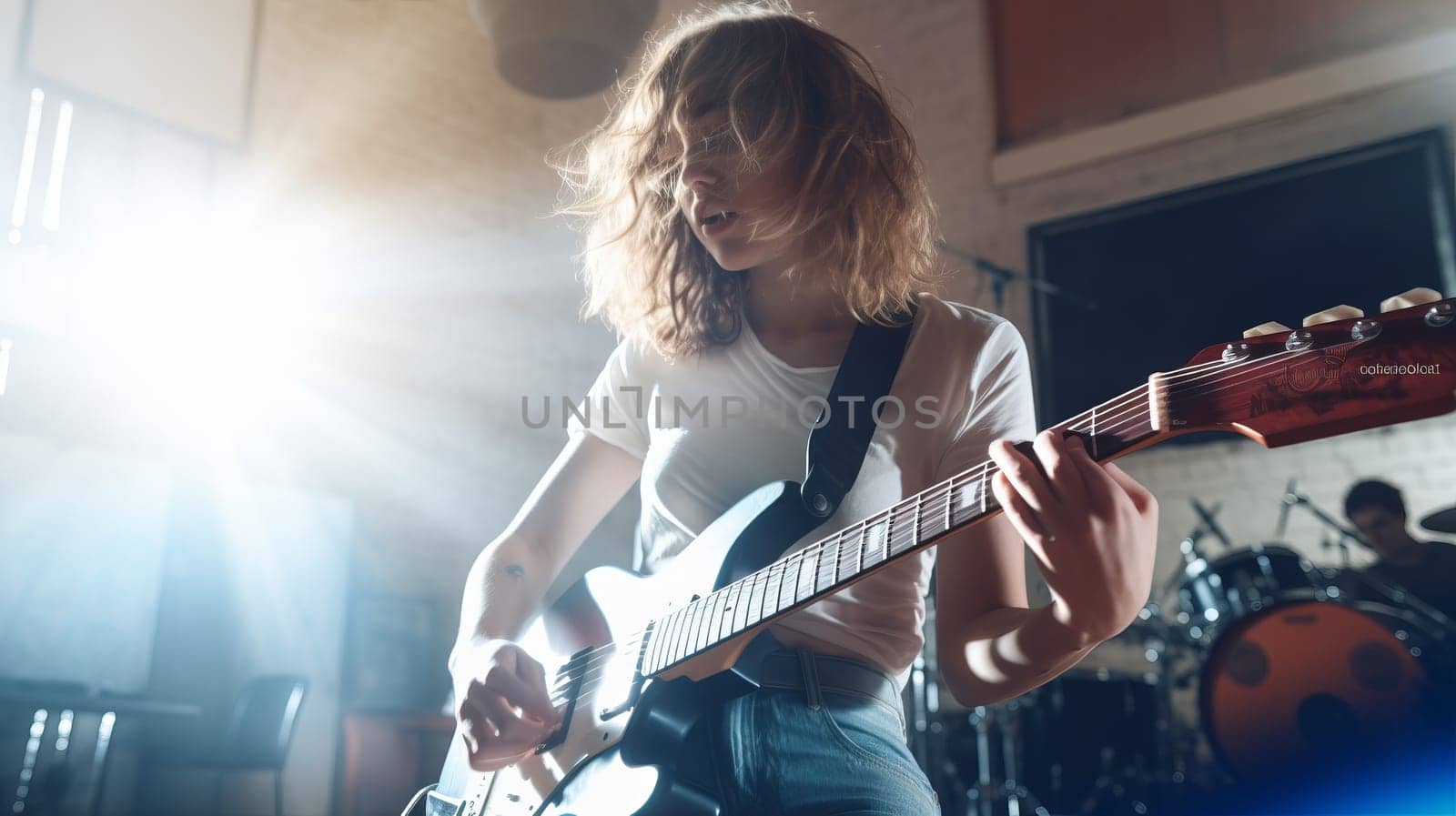 A young woman playing electric guitar.