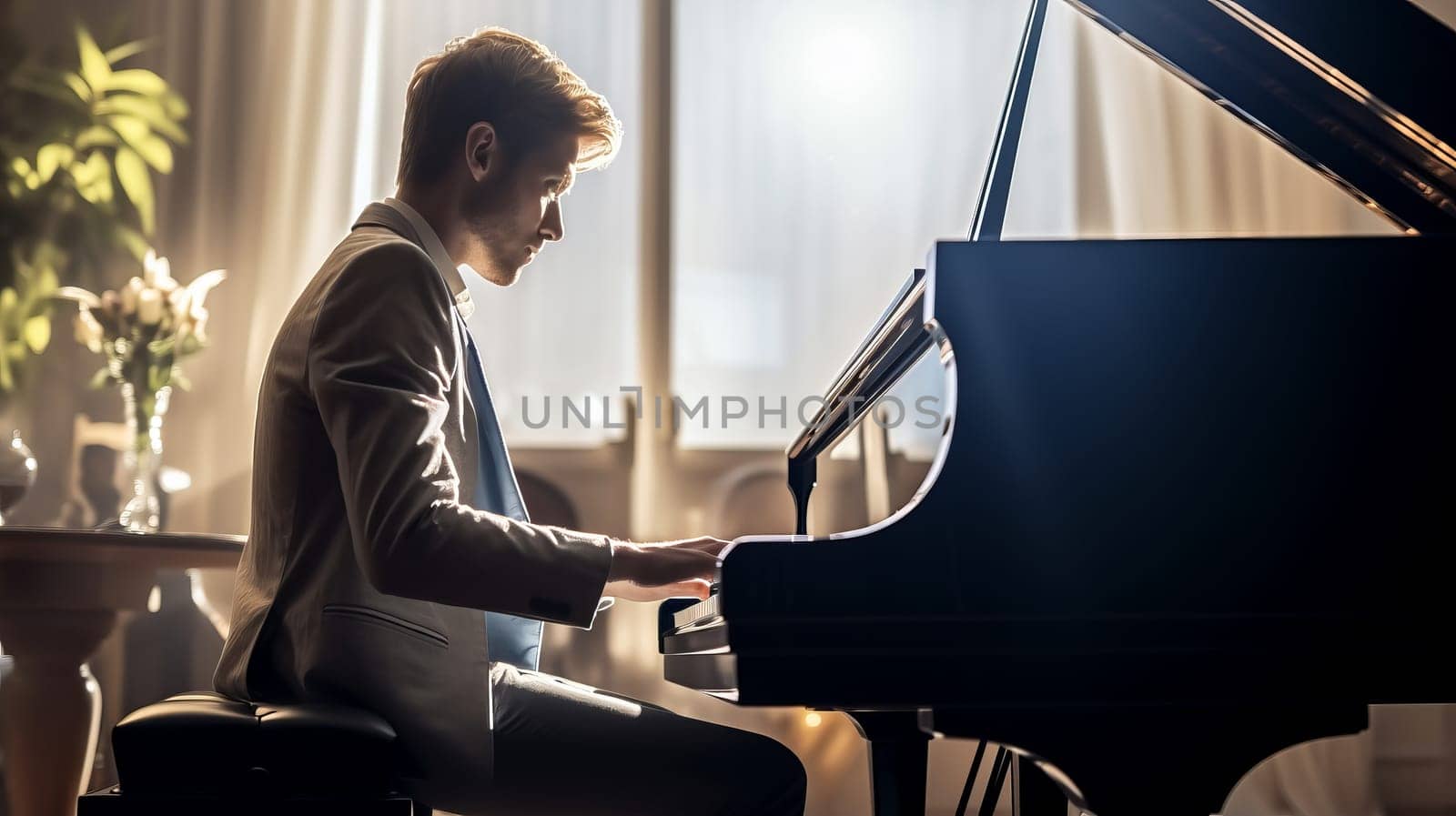 Young Man Sitting At Grand Piano And Playing At Home