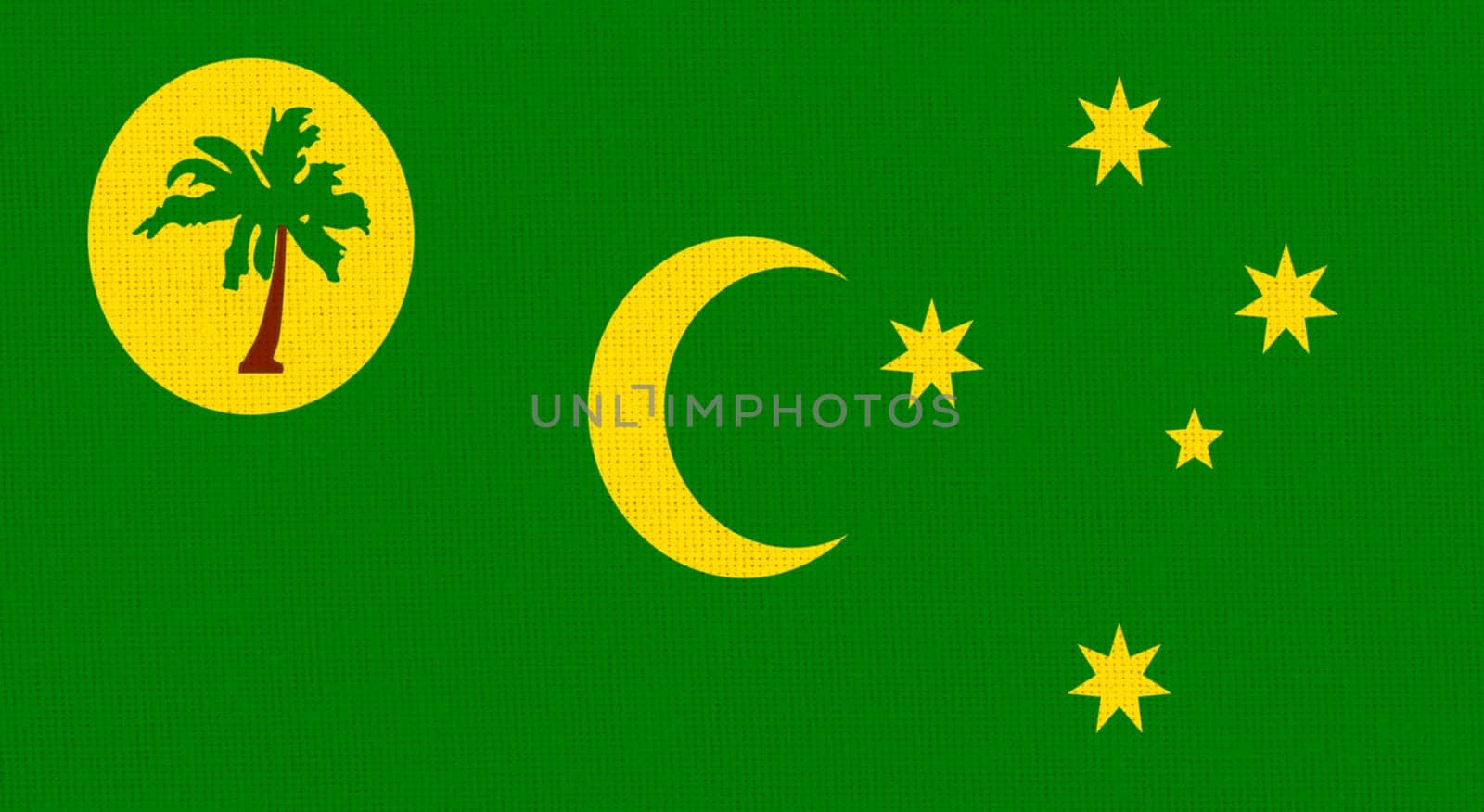 Flag of the Cocos Islands. Australian Outer Territory. National flag of Cocos islands. Territory of Cocos. flag of Keeling Islands on fabric surface. Island country. Fabric texture. 3D Illustration