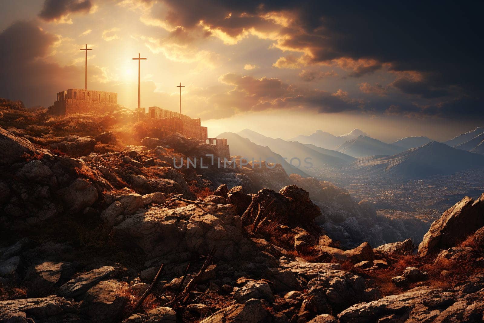 Three cross on the mountain, sun light, belief, faith and spirituality, crucifixion and resurrection of Jesus Christ at Easter, Jerusalem
