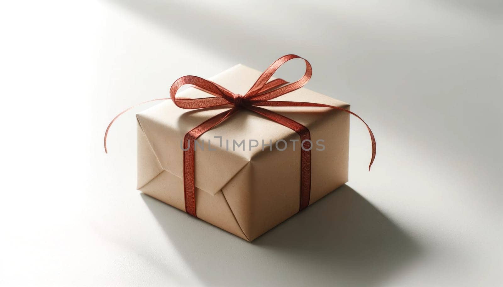 Gift box with terracotta red ribbon. Created using AI Generated technology and image editing software.