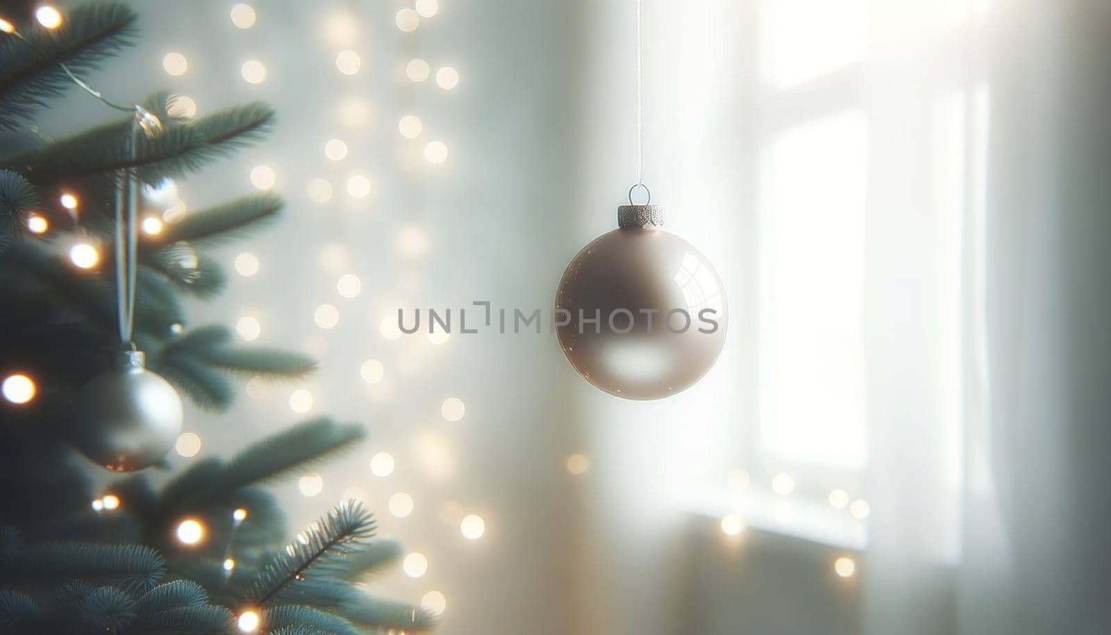 Silver bauble on indoor fir tree. Created using AI Generated technology and image editing software.