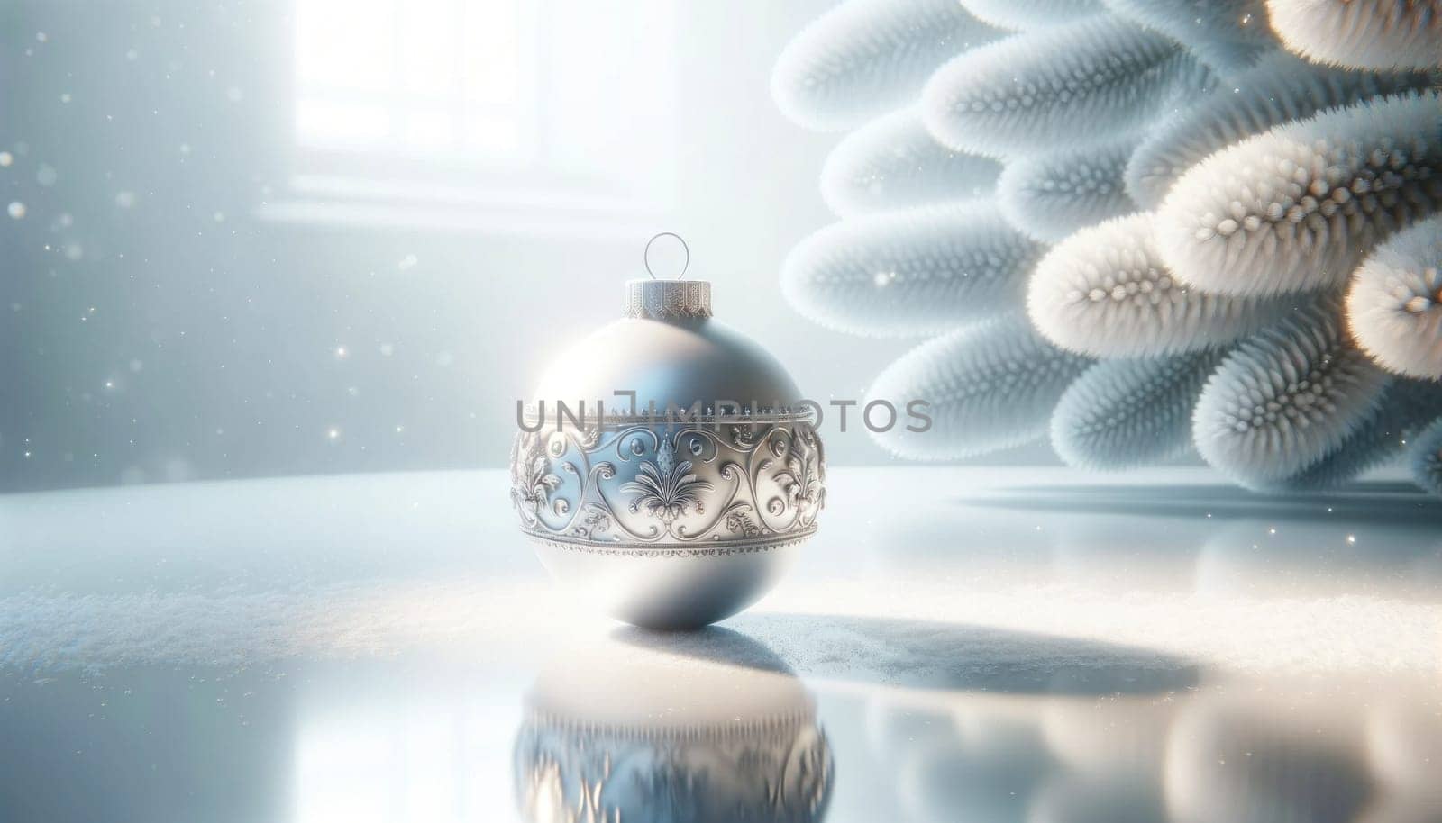 Frosted silver bauble in winter light. Created using AI Generated technology and image editing software.