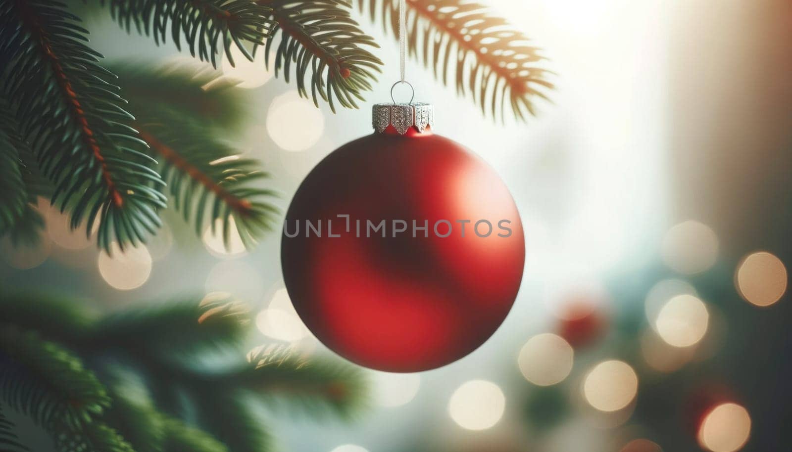 Crimson bauble on festive fir backdrop. Created using AI Generated technology and image editing software.