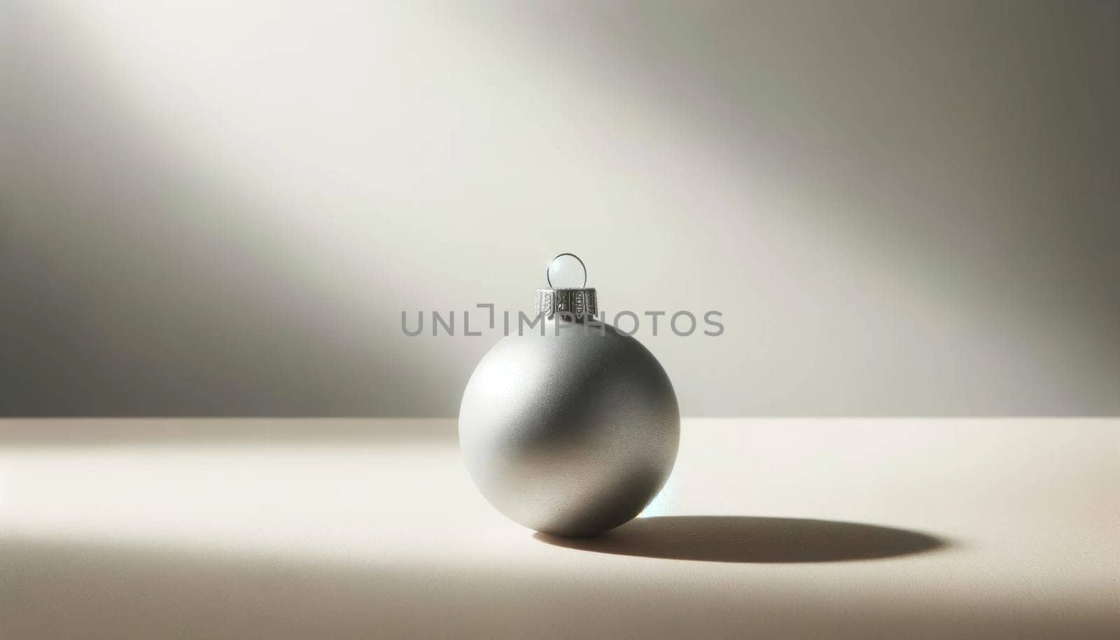 Matte platinum bauble on cream shade. Created using AI Generated technology and image editing software.