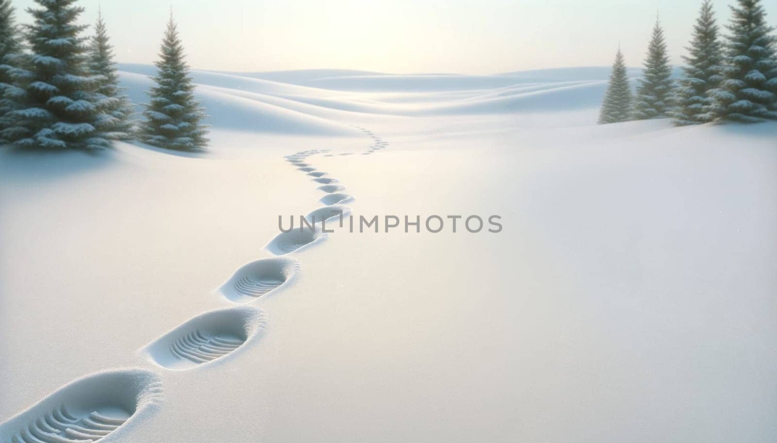 Snowy path with footsteps in dawn light. Created using AI Generated technology and image editing software.