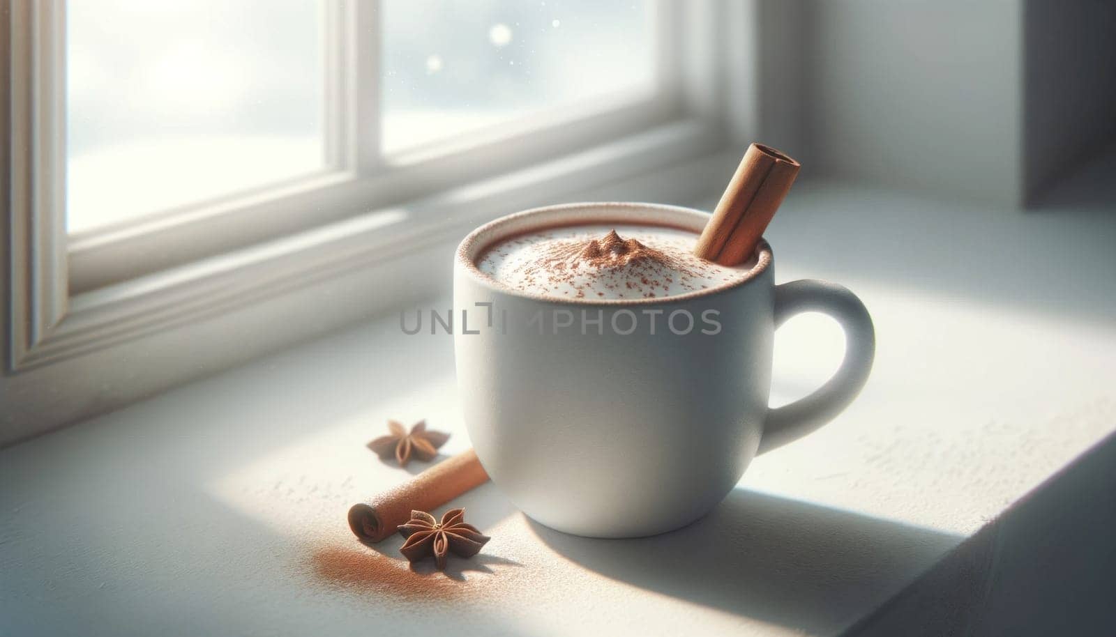 Cinnamon topped cocoa in matte cup. Created using AI Generated technology and image editing software.