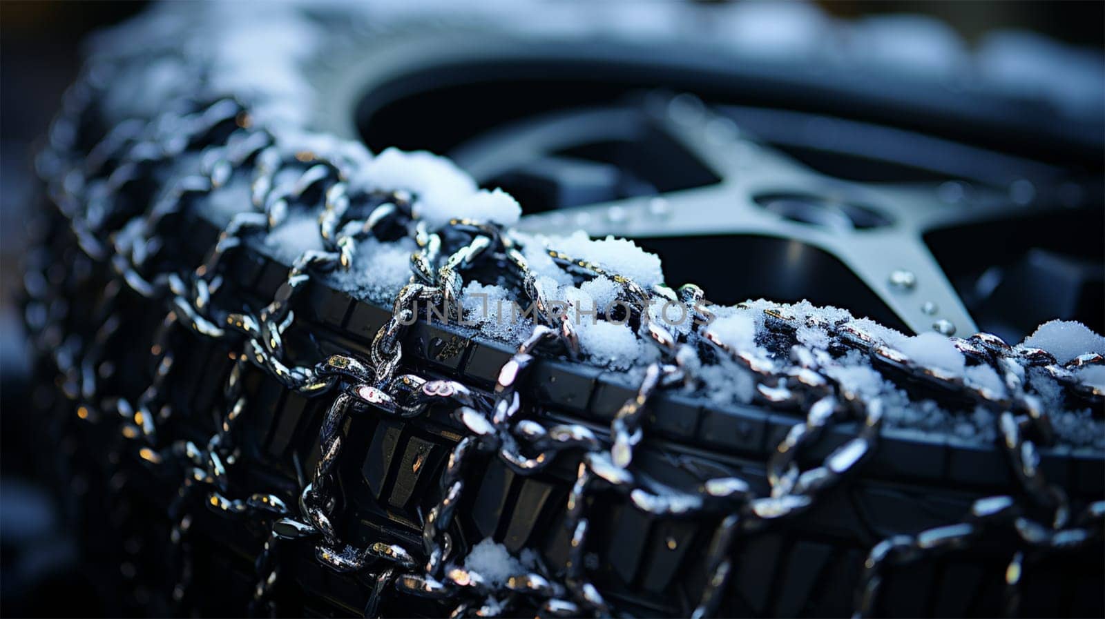 close-up of snow chains on winter tires. winter safety on slippery and snowy roads