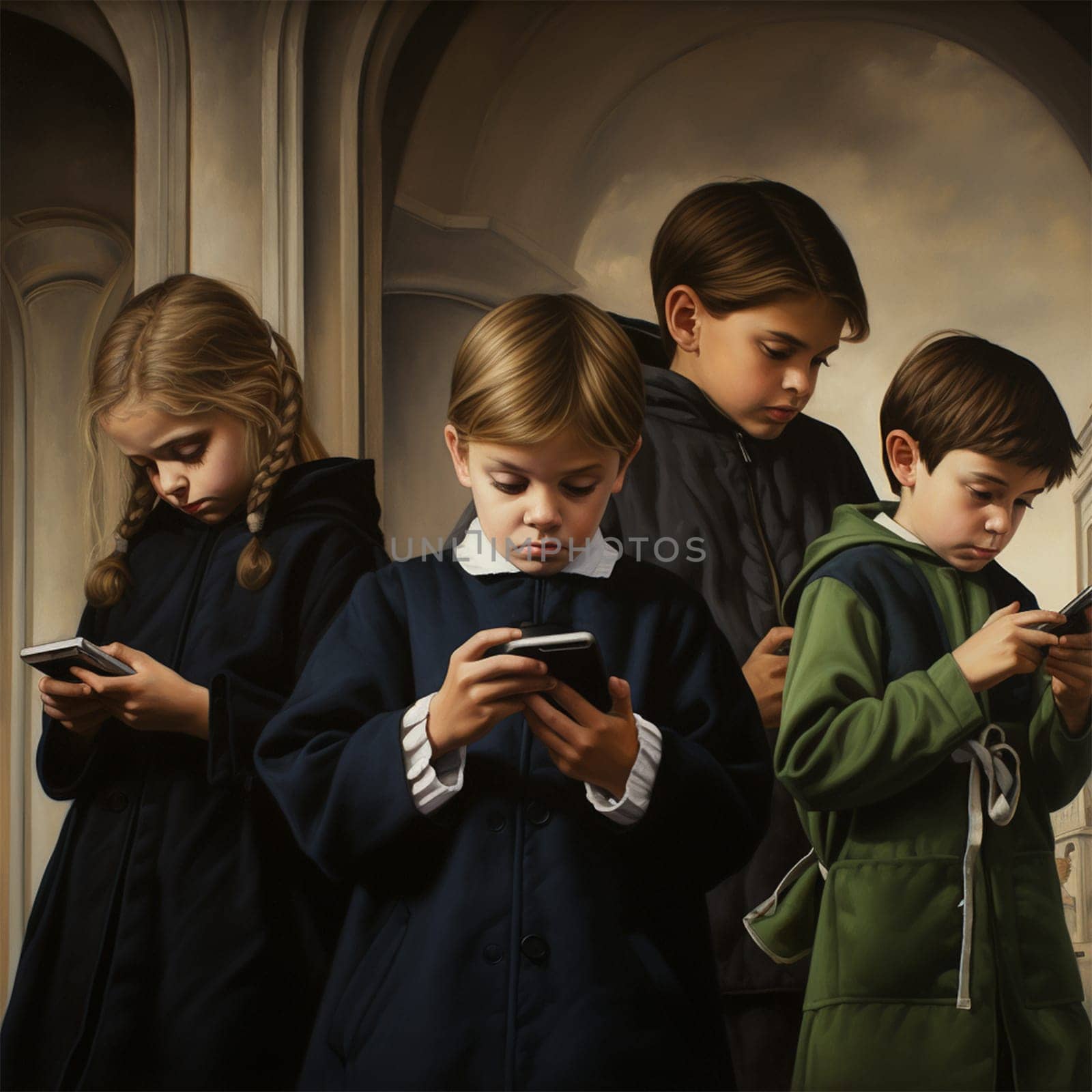 a group of teenagers are immersed in online life. Gadget addiction concept