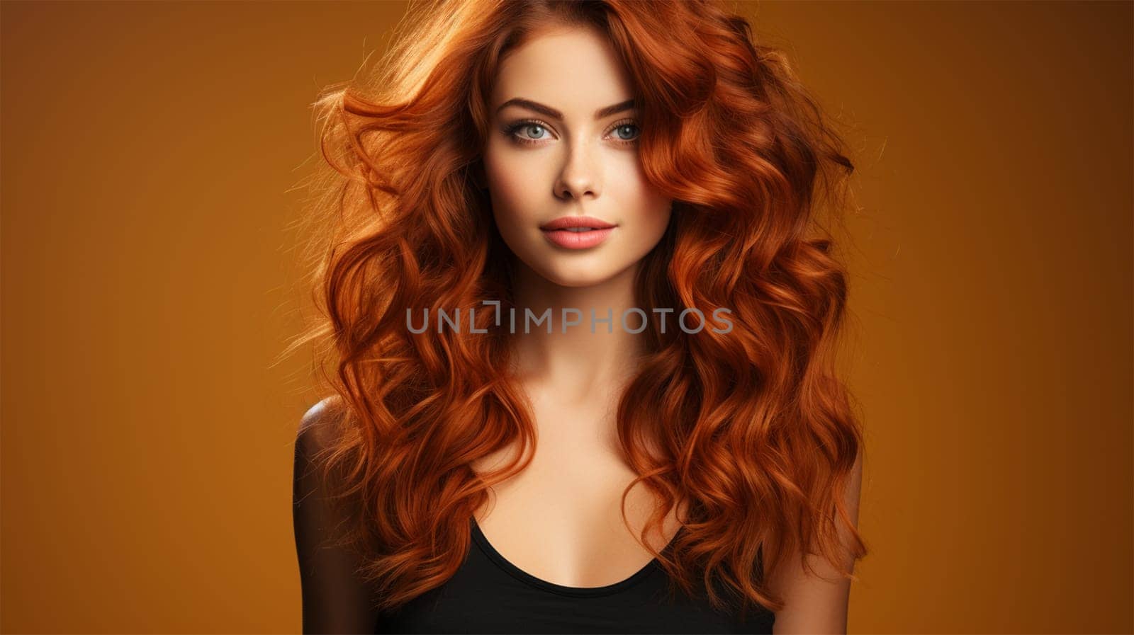 portrait of a stylish red-haired woman model with lush wavy hair on a color background. poster, copy space