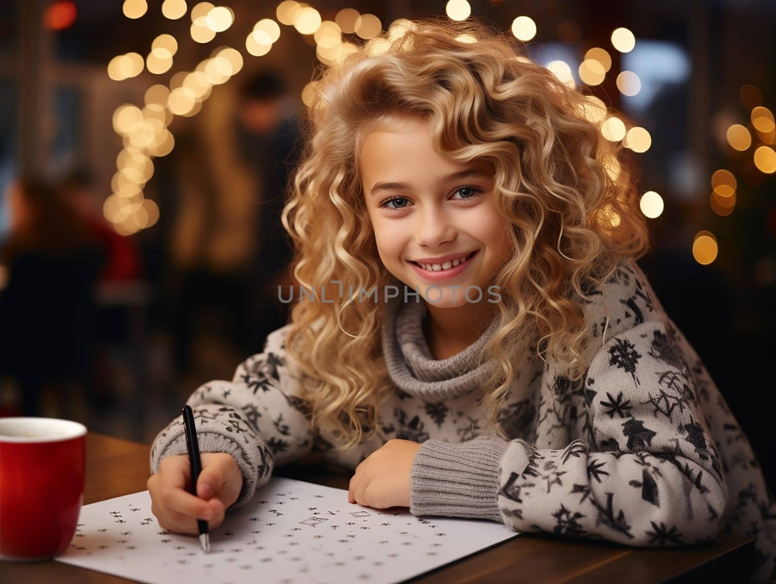 Blonde girl writing a letter to Santa Claus or drawing something on a Christmas decorated background. Christmas and New Year theme