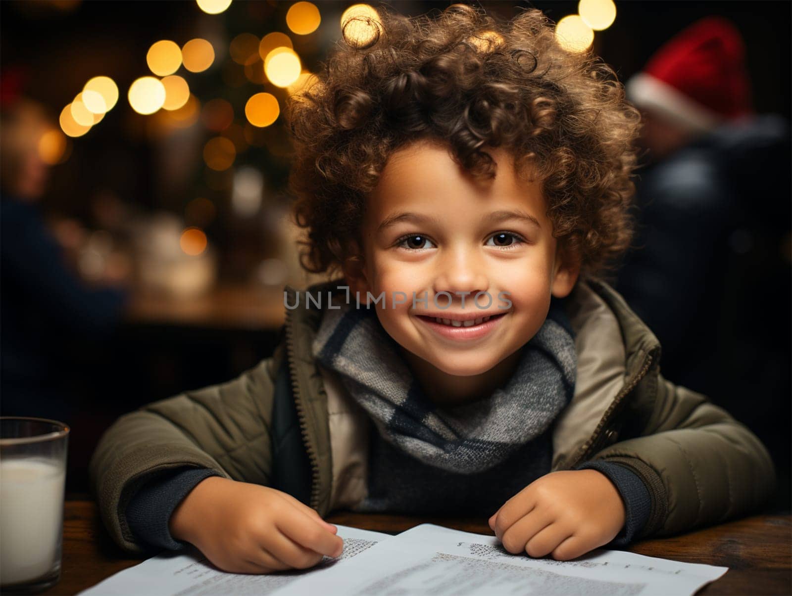 boy writing a letter to Santa Claus or drawing something on a blurred Christmas market background. Christmas and New Year theme