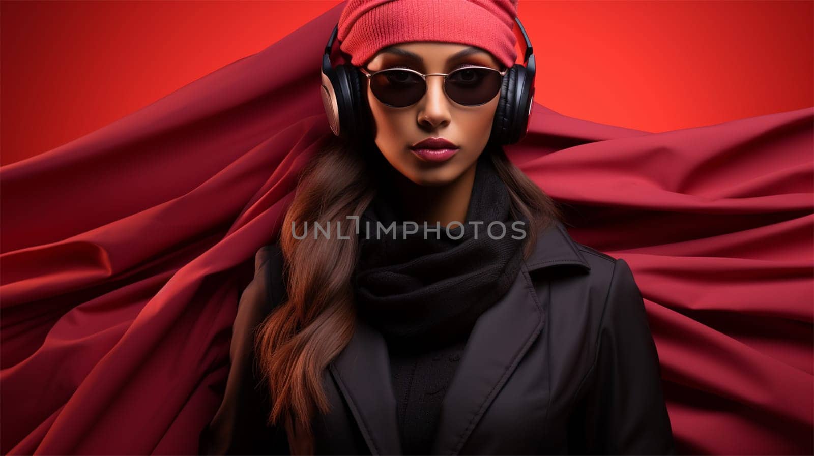 Young beautiful slim woman wearing sunglasses wearing headphones. Woman posing on a red background. Advertising of fashionable women's clothing and accessories.