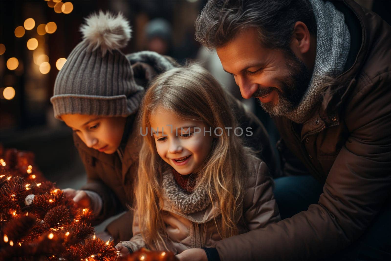 dad with children at the Christmas market. concept of family and holidays