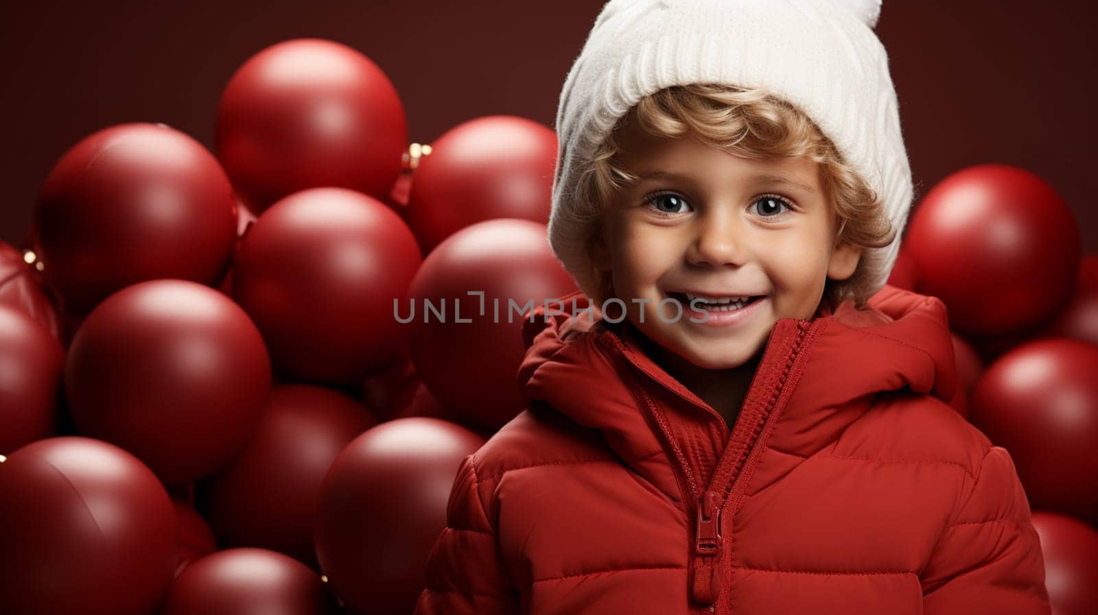 cute curly baby on background of Christmas decorations. High quality photo