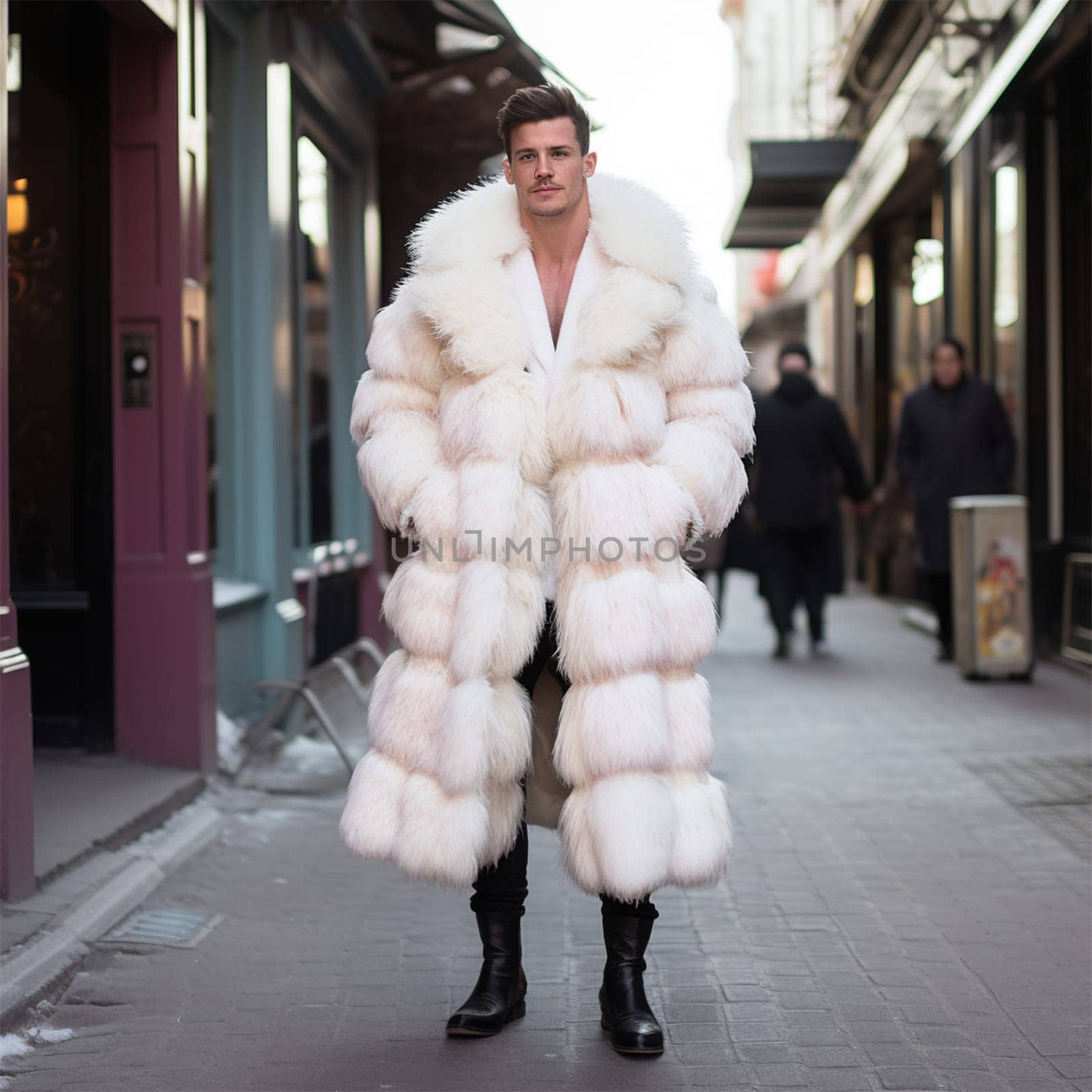 Street style clothing - fashionable man in a white elegant fur coat fashion on the street. for Fashion Concept, Animal Welfare and Faux Fur, Content Blogger.Generative AI