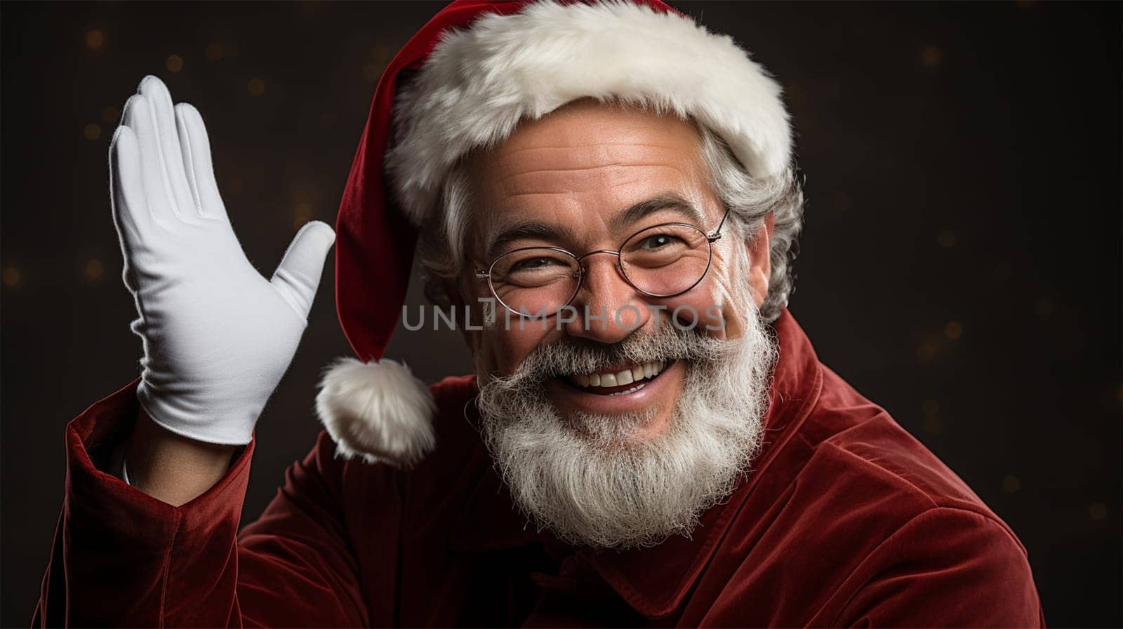 Happy Santa Claus waving his hand on a color background.copy space