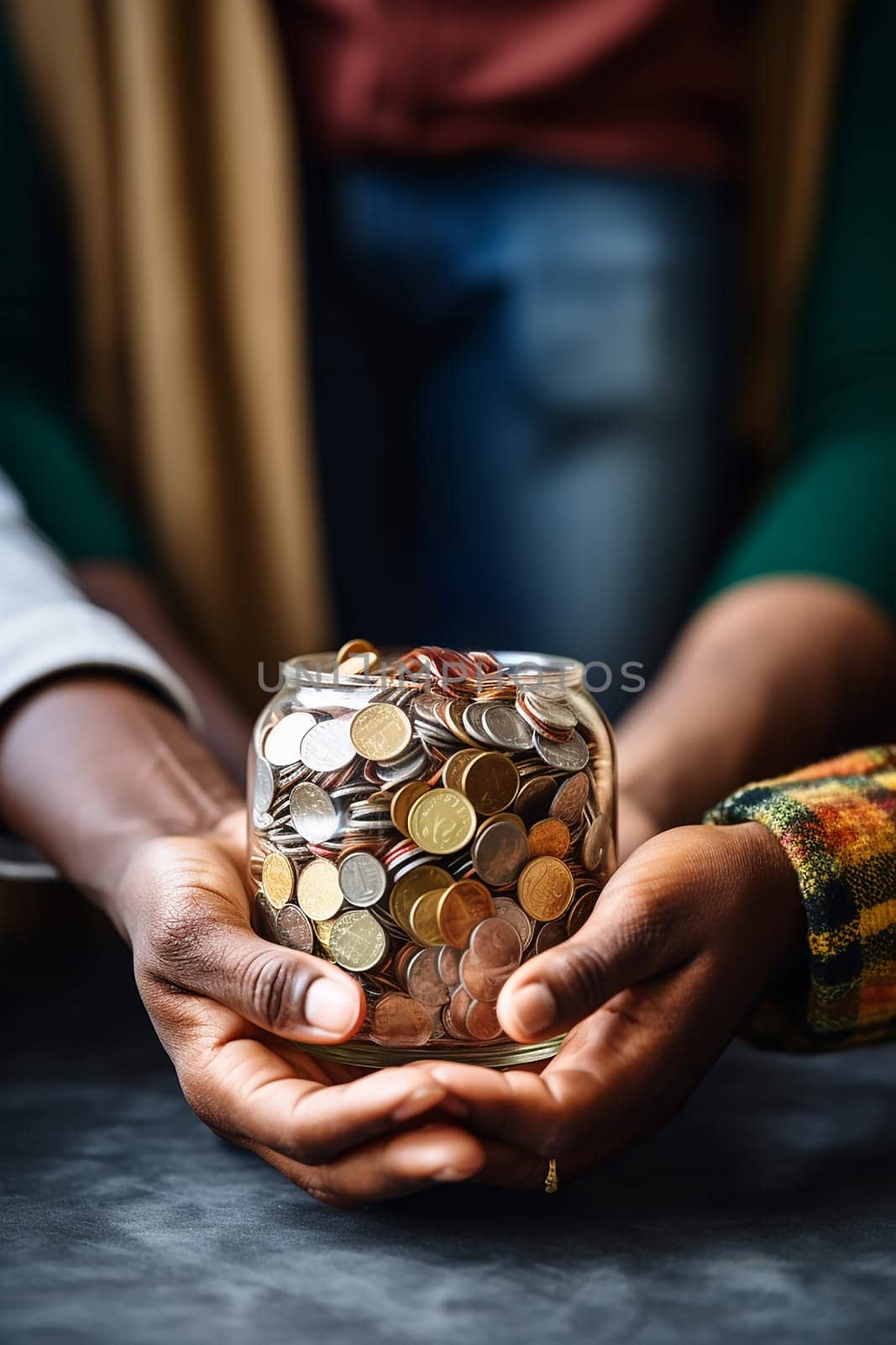 several hands holding a glass jar with collected coins. concept of money, financial growth, saving money