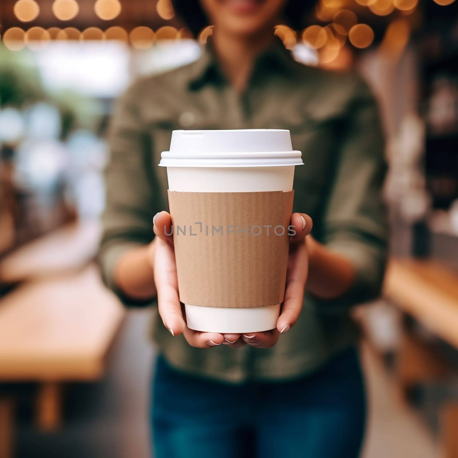 a woman's hand holds a cup of coffee in the morning against the background of a cafe. takeaway coffee and caring for nature.Generative AI