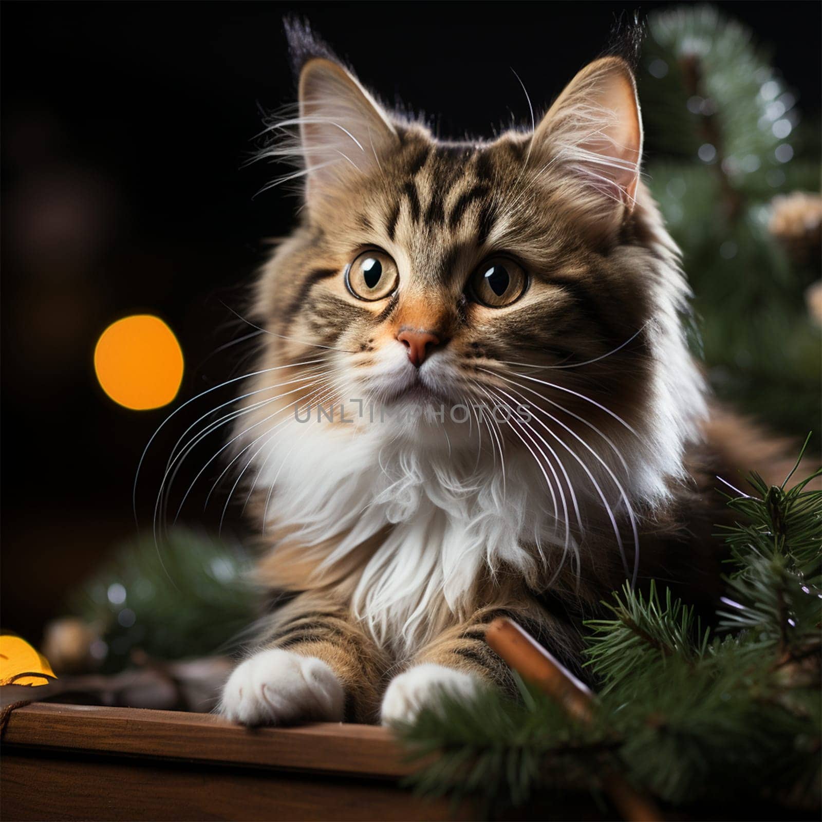 close-up of the cat's face under the Christmas tree for the New Year. Cat on a Christmas background.Generative AI