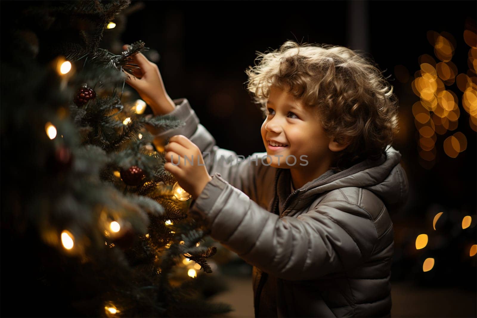 Portrait of a happy boy collecting decorations for the Christmas tree in the courtyard of the house, banner. Christmas and New Year concept.Generative AI