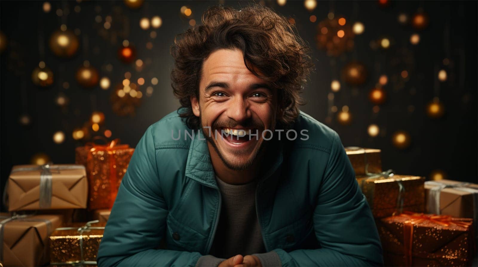 young cheerful brunette man in a green jacket on a Christmas background.holidays and Christmas concept. Generative AI