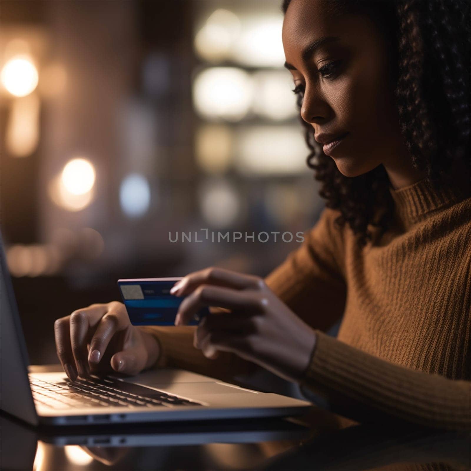 close-up of an African American woman's hands shopping online using a credit card and laptop. Online shopping, e-commerce, internet banking . Black Friday.Generative AI