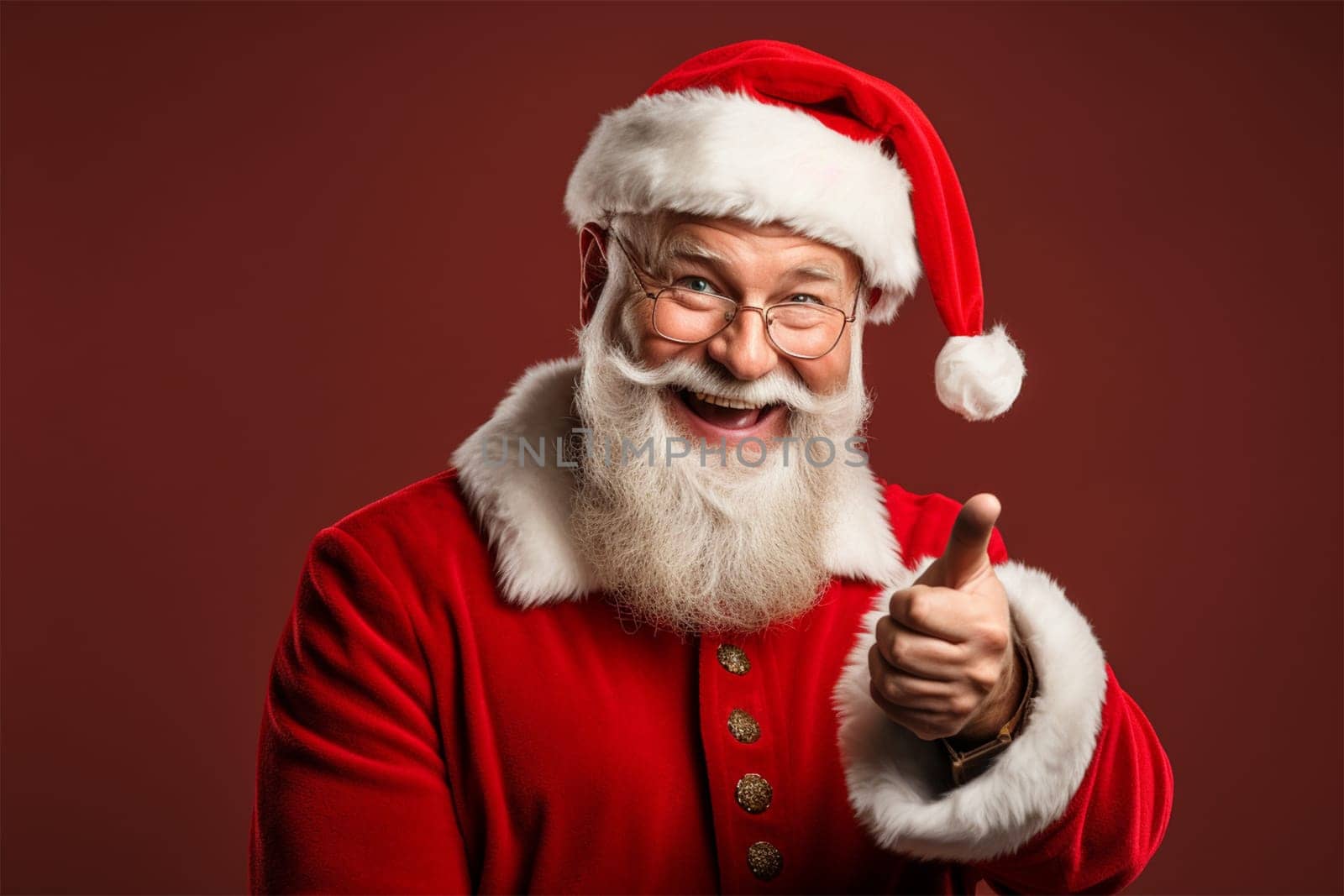 Happy Santa Claus showing OK on color background.copy space.Generative AI