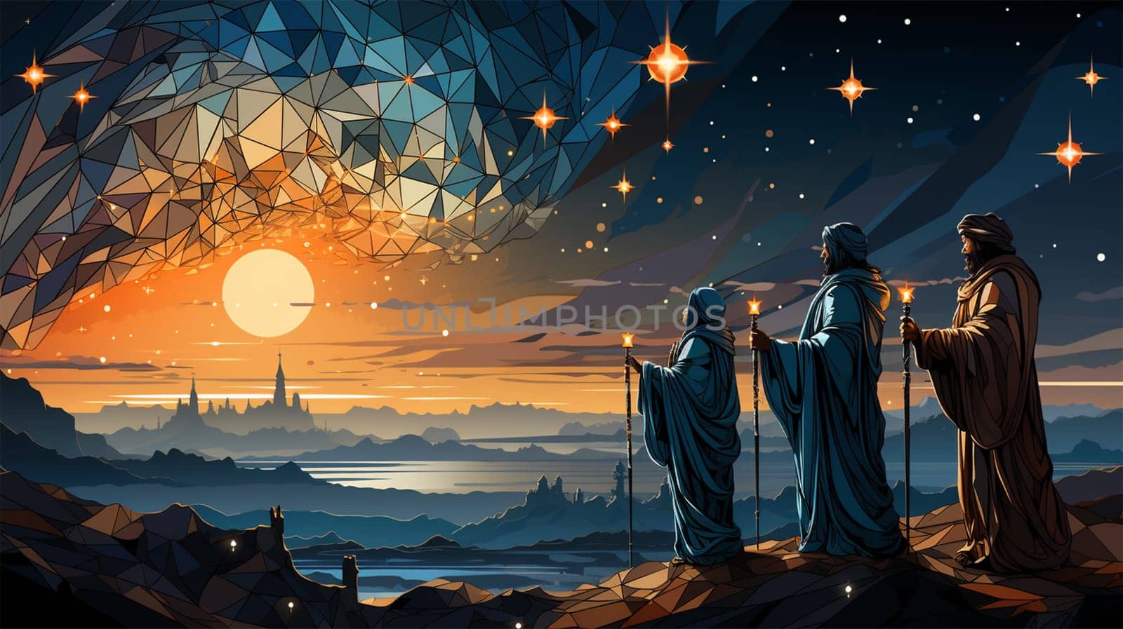 Three Kings and the guiding star against a backdrop of a clear and breathtaking night sky.three Wise Men silhouetted with room for copy. Generative AI