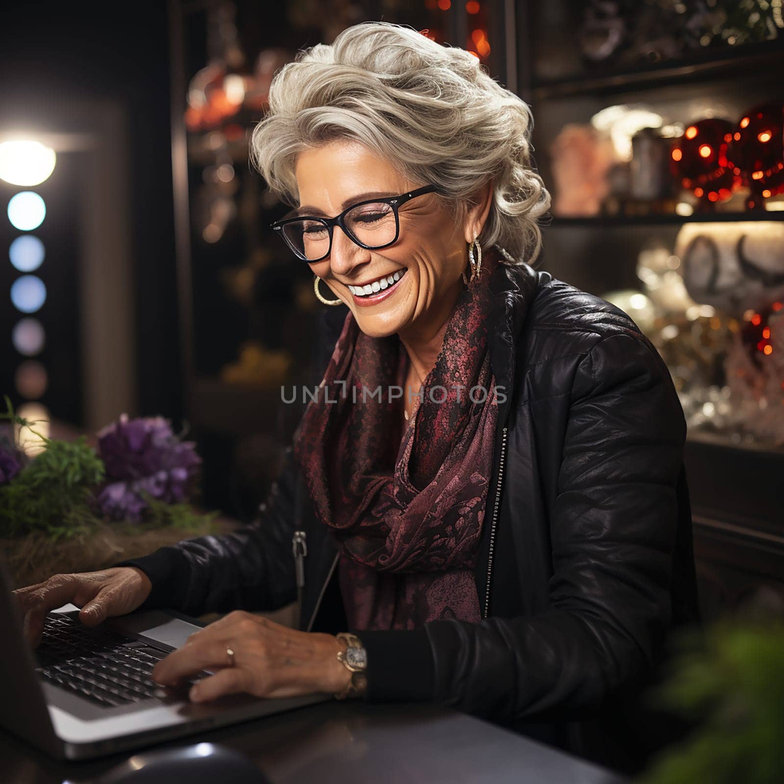 cheerful gray-haired woman looking at laptop.