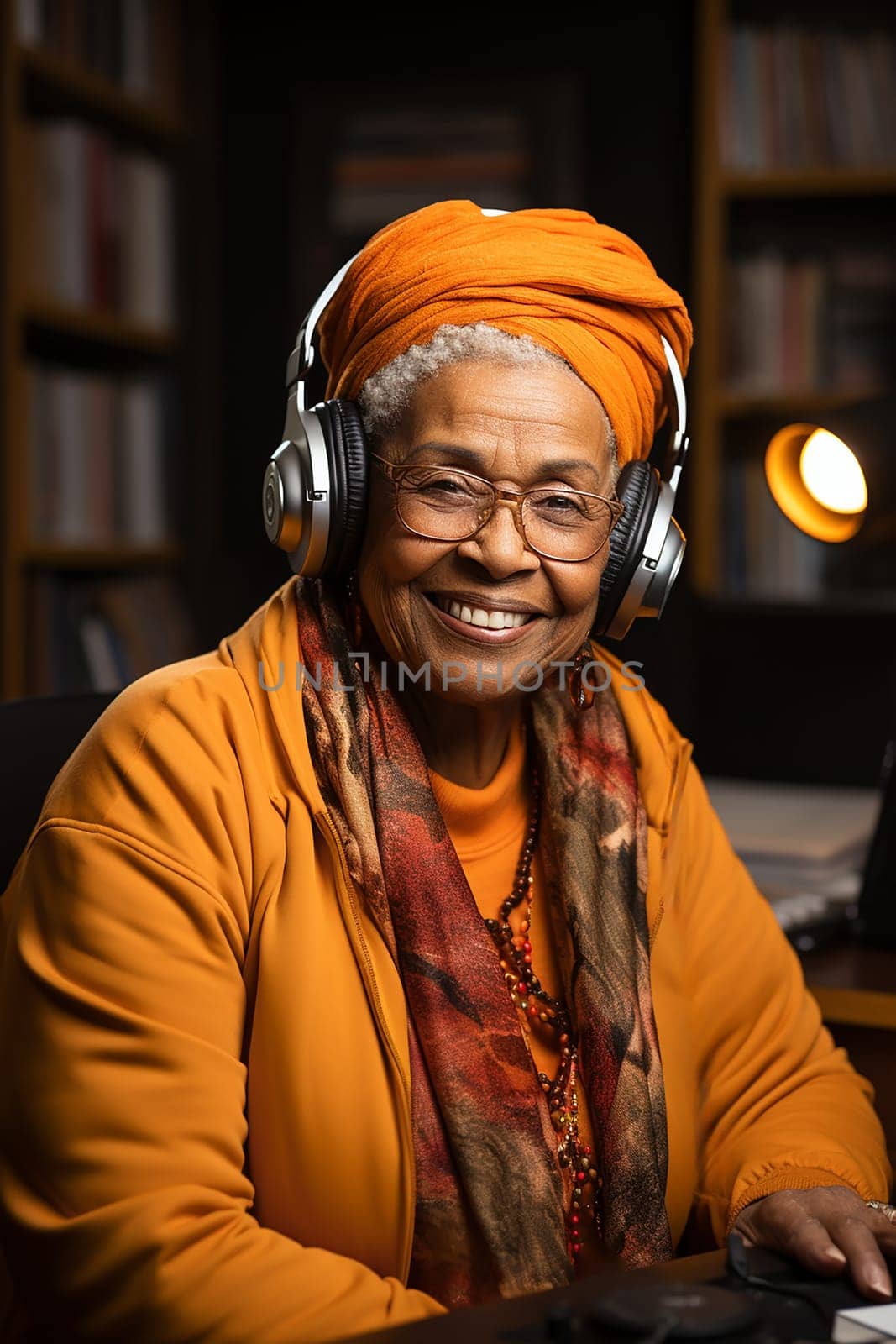 Smiling mature african woman wearing headband and scarf listening to music on headphones.education and entertainment concept.Generative AI