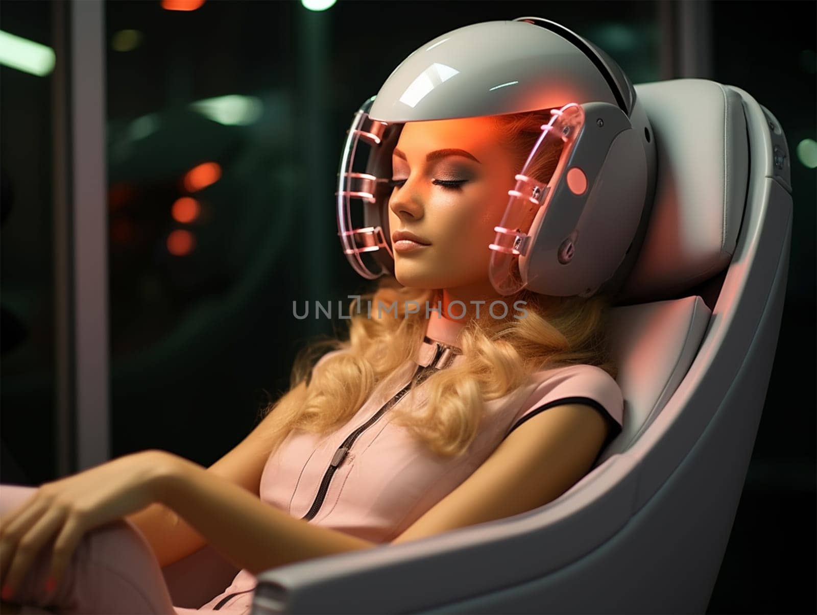 A woman in office clothes and a helmet with a virtual reality headset and neon lighting sits in an interactive chair. Virtual reality engineering concept