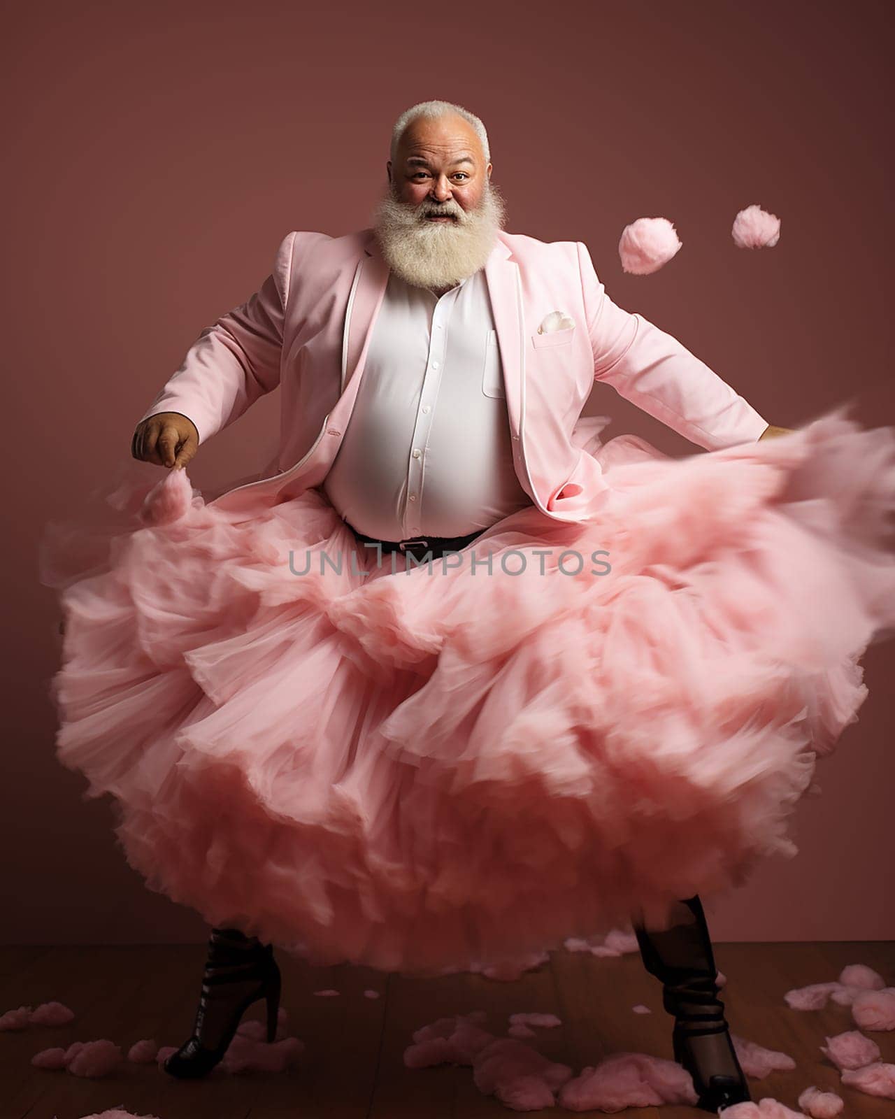 cheerful grey haired bearded fat man in a pink ballerina tutu on a pink background.concept of individuality and difference.Generative AI