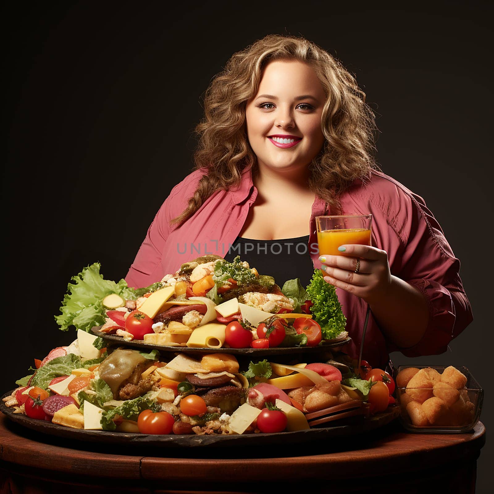 cheerful plump woman in front of a huge dish of food and a glass of orange juice. choice between a large platter of food or juice. Obesity problem.