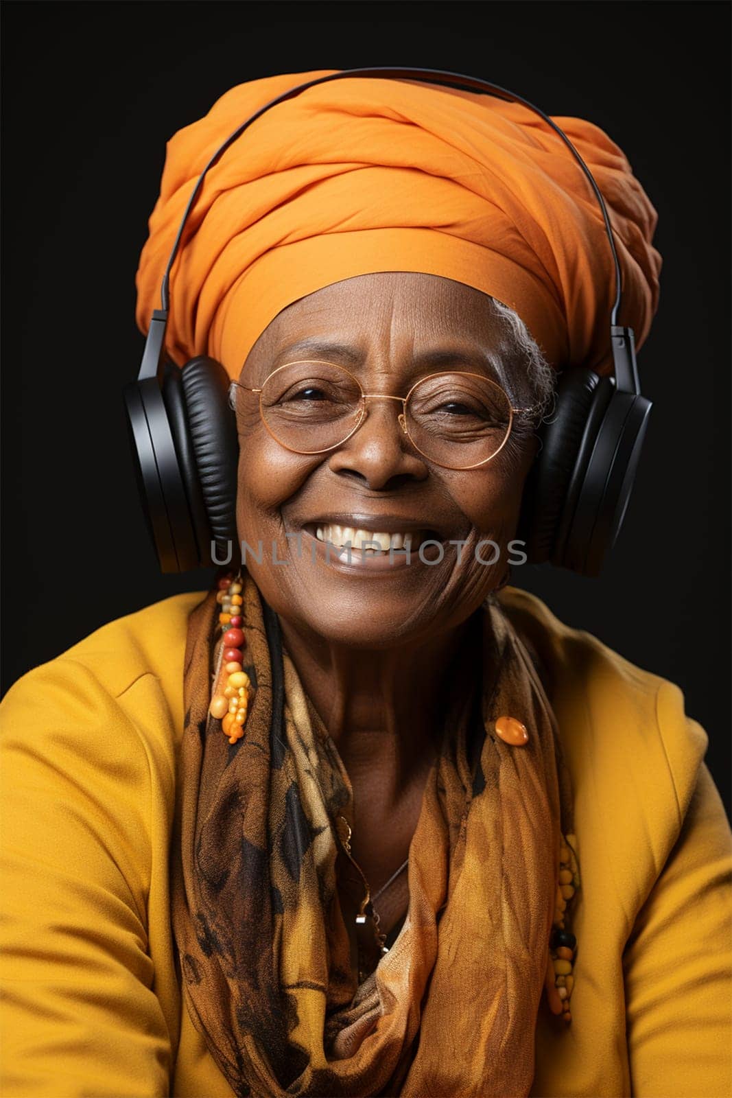 Smiling mature african woman wearing headband and scarf listening to music on headphones.education and entertainment concept.Generative AI