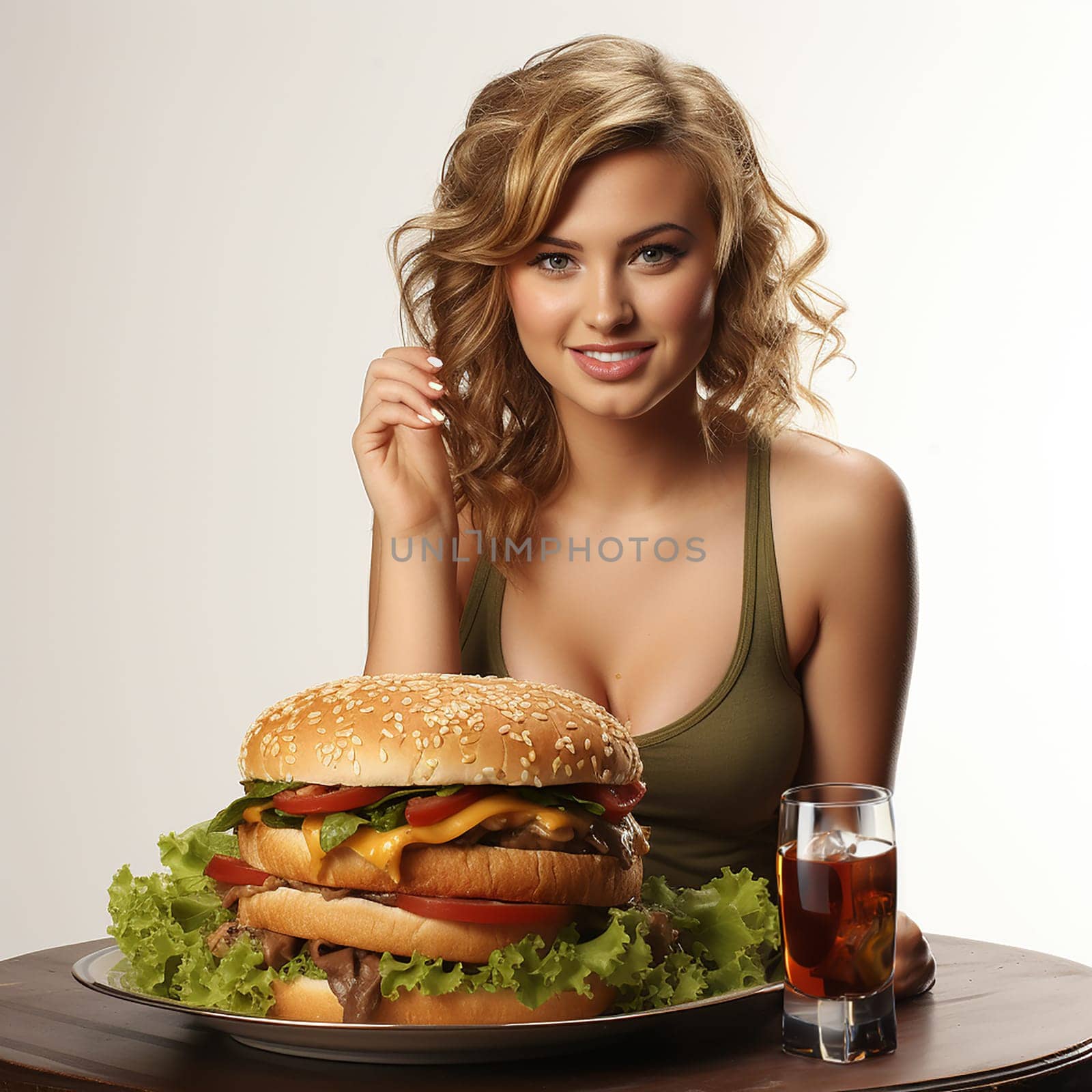 Beautiful blonde woman with big hamburger and drink.