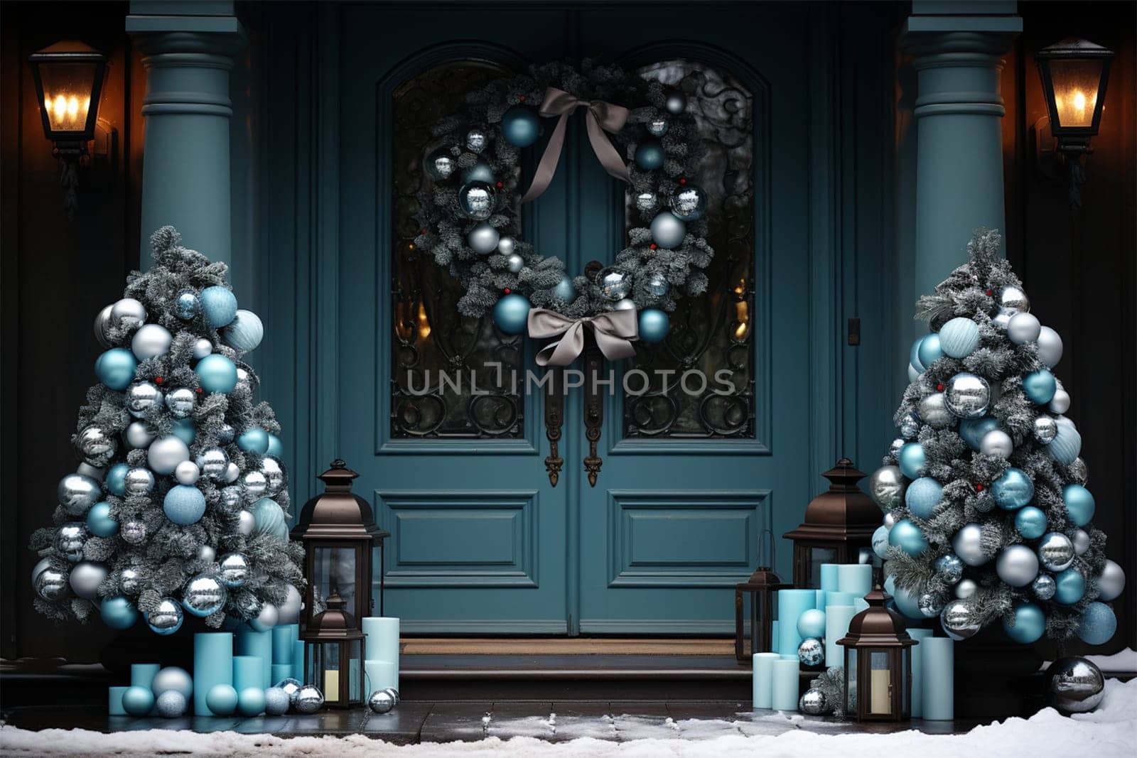 New Year concept background of a blue door in Christmas decoration with garlands and fir trees nearby.Christmas door decoration with beautiful traditional wreath. Generative AI
