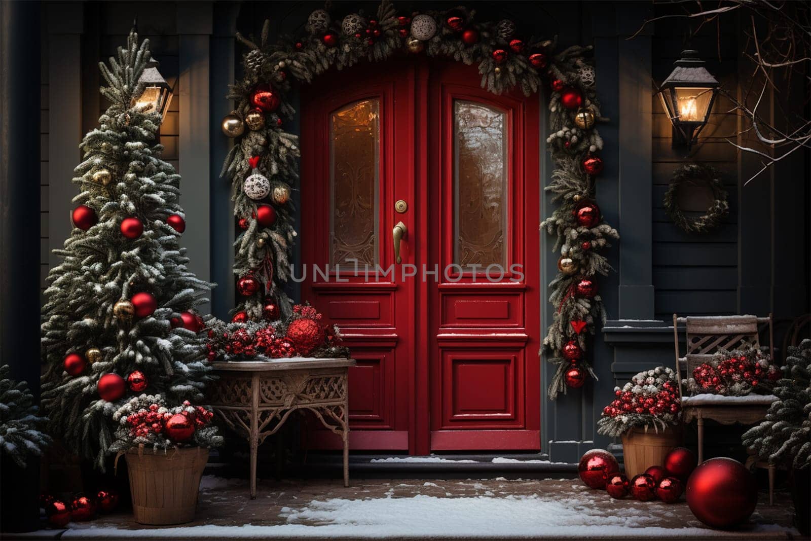 New Year concept background of red door in Christmas decoration.Christmas door decoration with beautiful traditional wreath. Christmas celebration, home decoration, family holiday. Copy space.