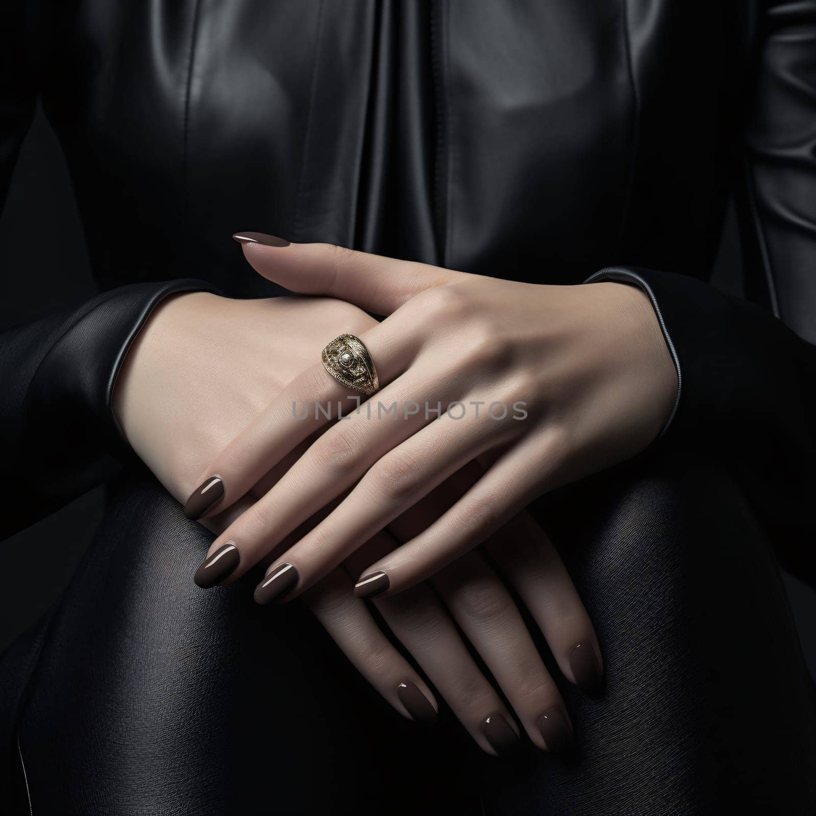 Glamour woman hand with classic black nail polish on her fingernails. Red nail manicure with gel polish at luxury beauty salon. Nail art and design. Female hand model. French manicure. Generative AI.
