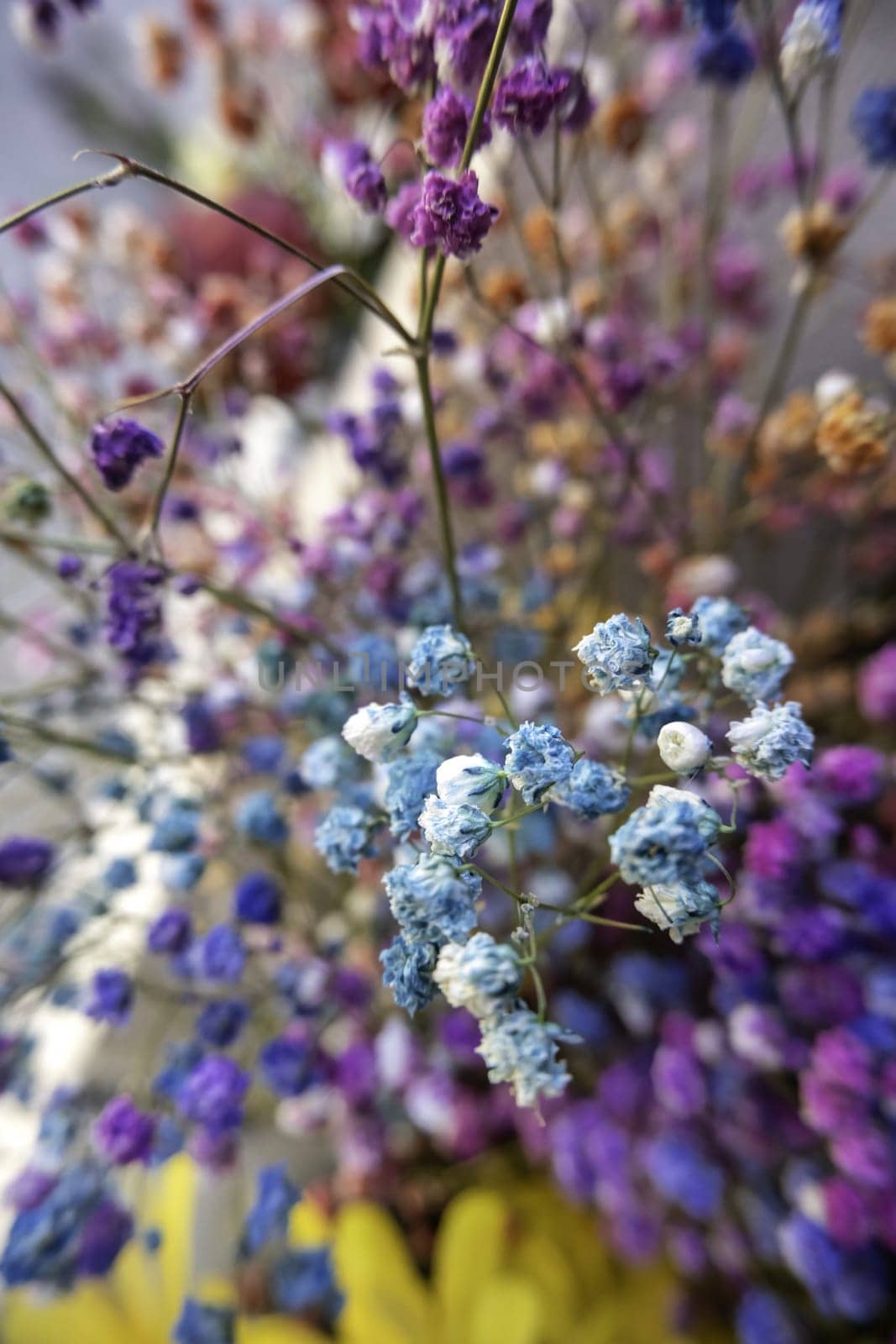Detail of bouquets of fresh flowers, decoration with plants