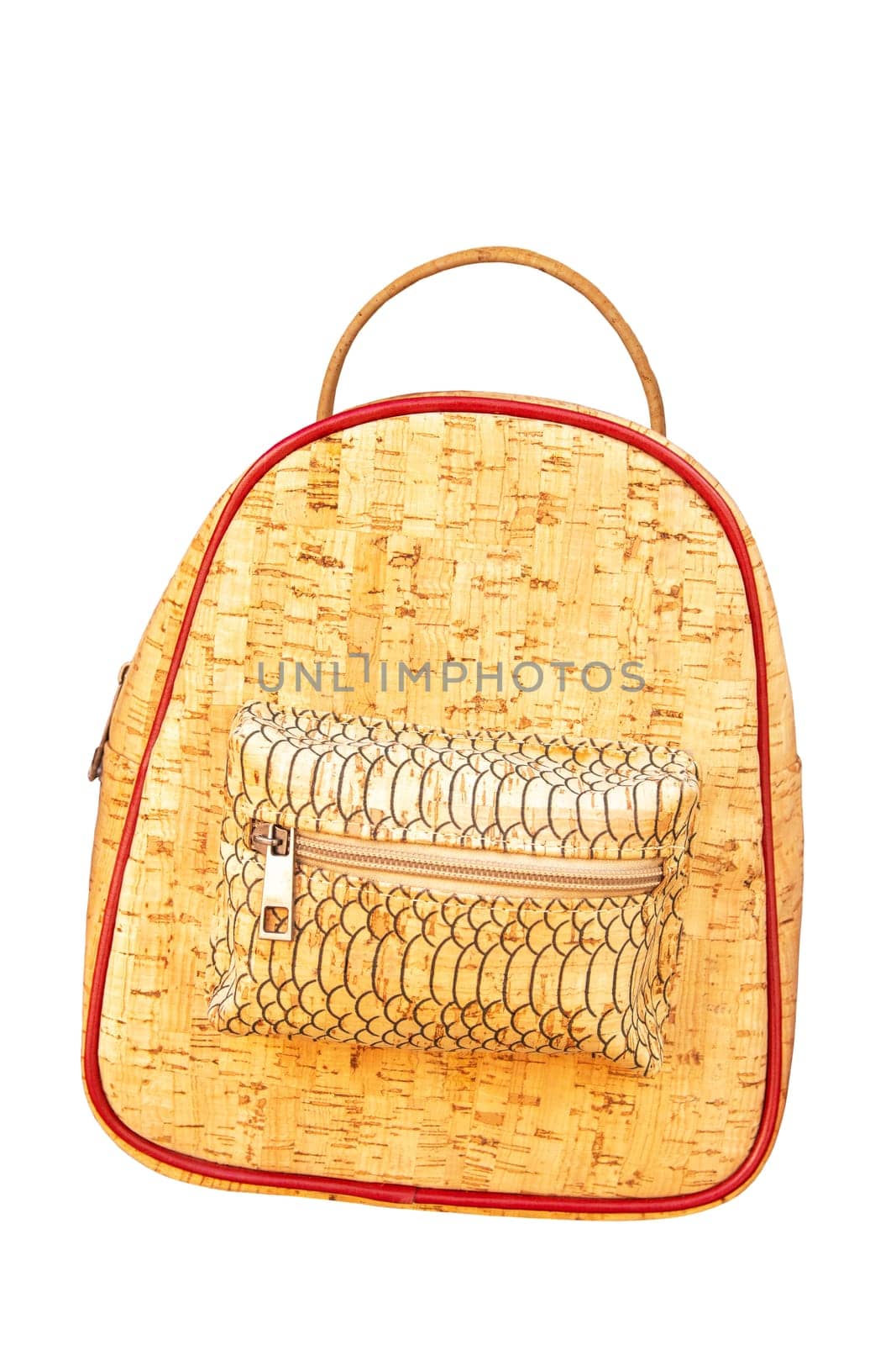 Hand bag isolated. Fashionable brown female luxury women handbag made from oak cork isolated on a white background. Clipping path. Cork fashion.