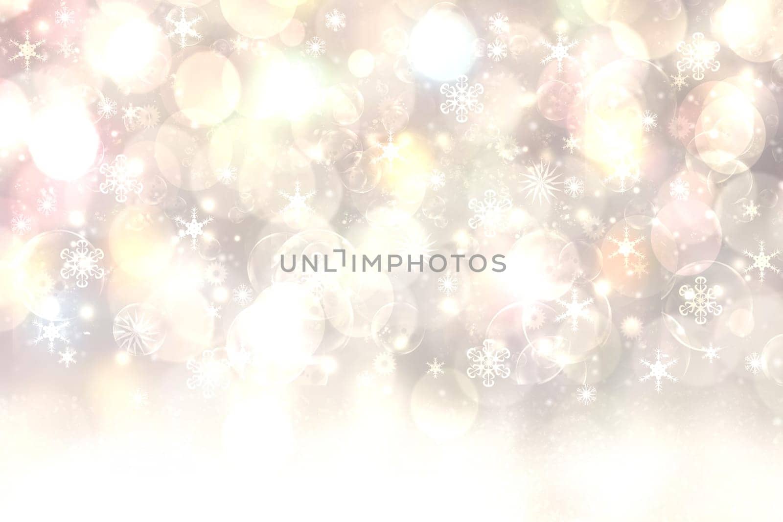 Winter background. A festive abstract Happy New Year or Christmas background texture with golden yellow blurred bokeh lights and stars. Space for design. Card concept or advertising.