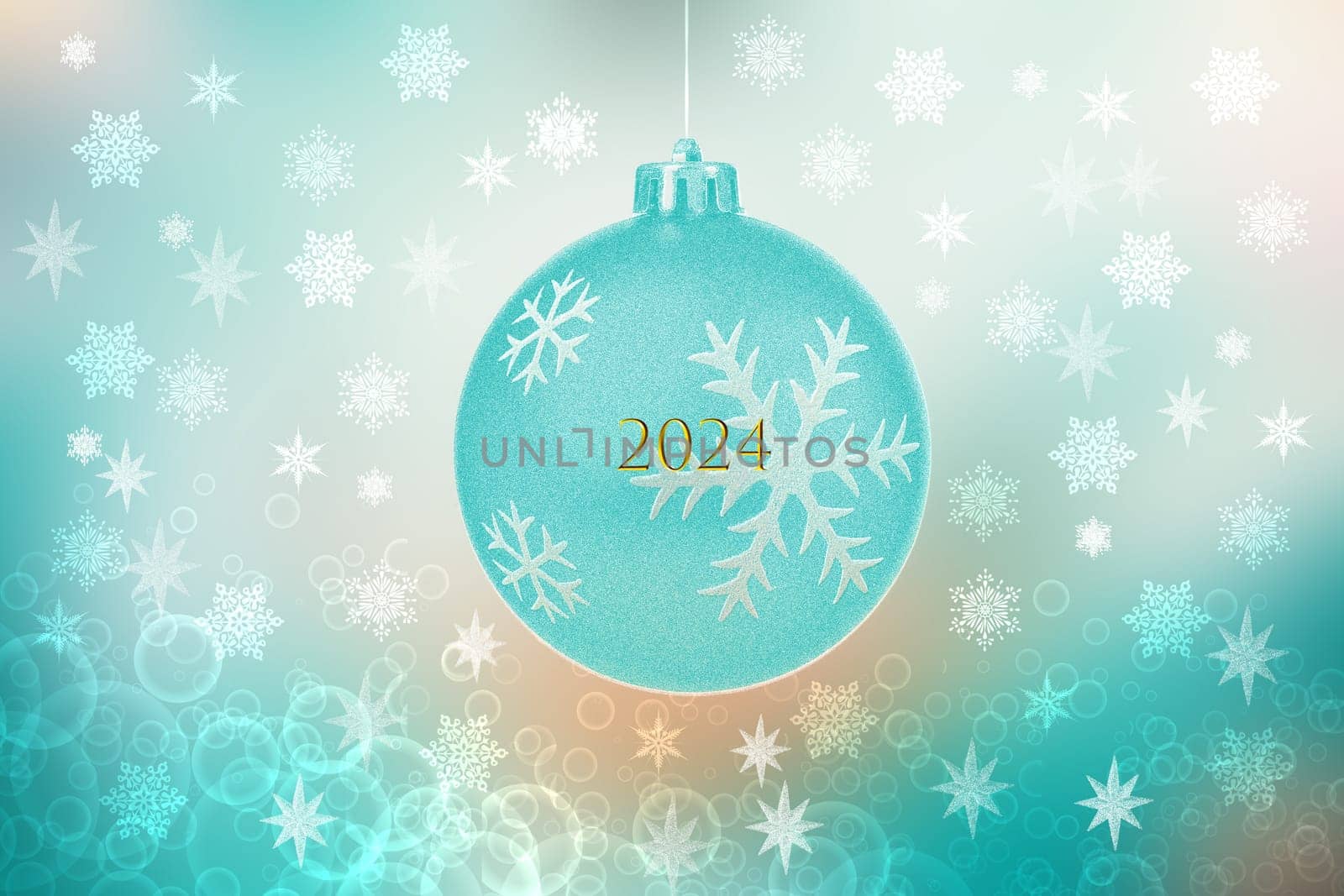 Merry Christmas and Happy New Year 2024 card background texture design with abstract blurred festive blue and white bokeh lighted glittering snowflakes and stars.